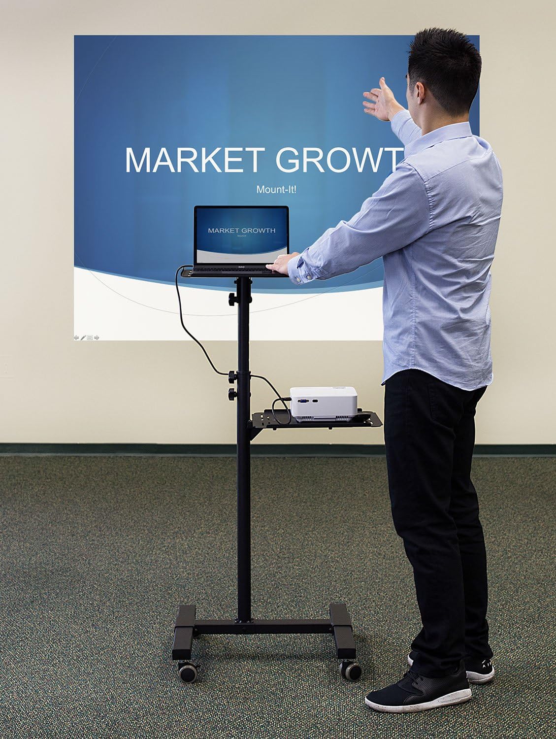 Mount-It! Mobile Projector and Laptop Stand (2 Shelves), Rolling Cart with Ventilated Tray, Heavy Duty, Height Adjustable Laptop and Projector Presentation Trolley, Black Pack of 2