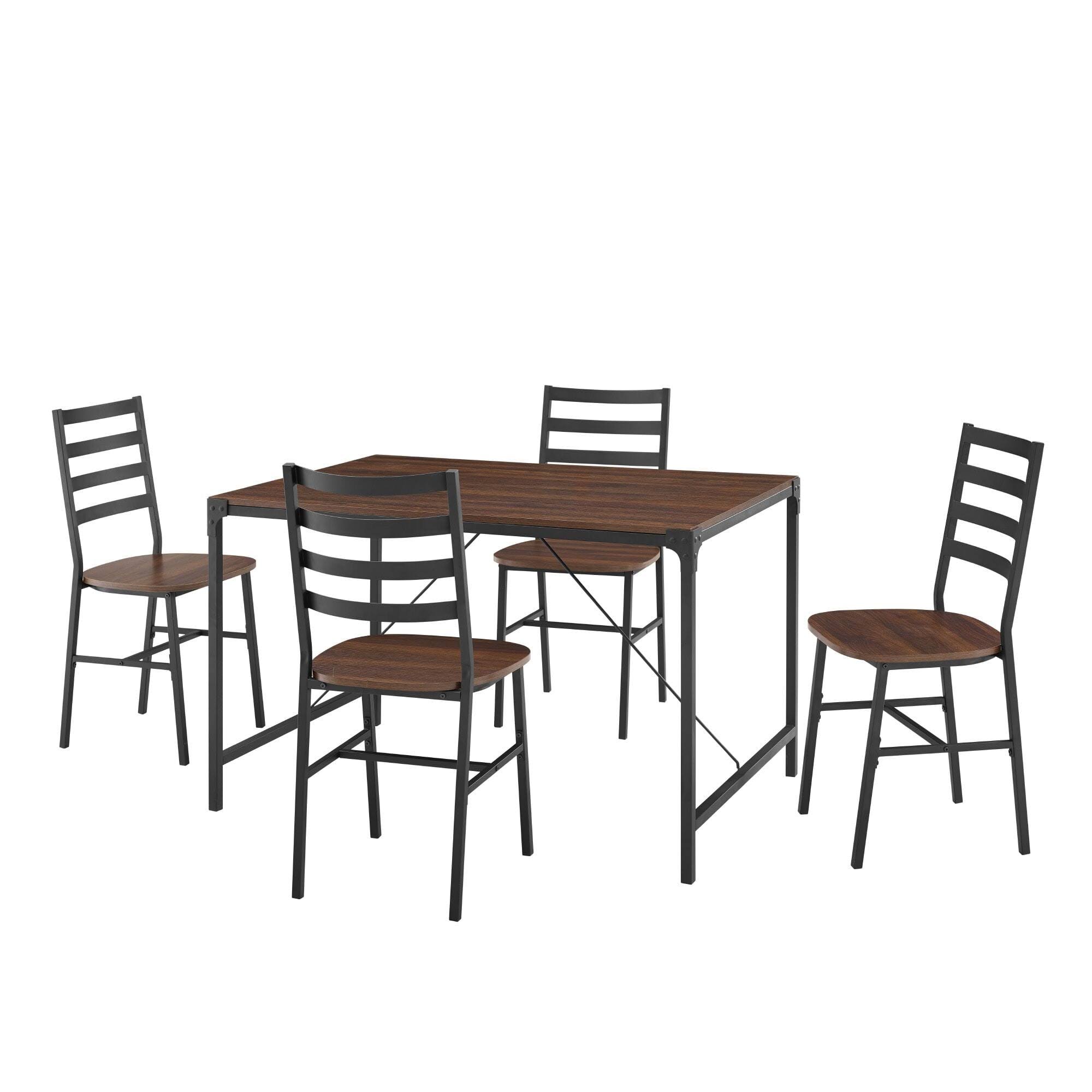 Walker Edison 5-Piece Rustic Angle Iron Table with Slat Back Chairs, Dark Walnut