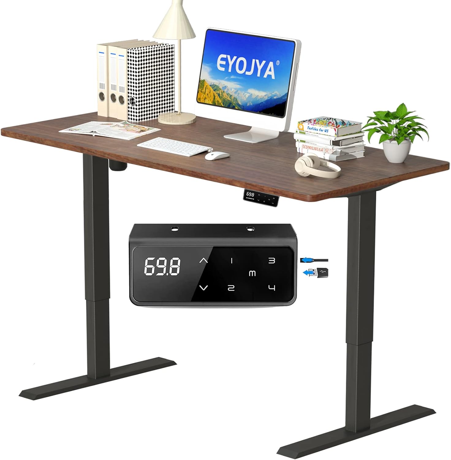 EYOJYA Electric Standing Desk 55 x 28 Inch Board EYO2 Adjustable Height Desk, Stand up Desk with 4 Memory Preset Controller Home Office Workstation Sit Stand Desk (Black Frame + 55 in Walnut top)