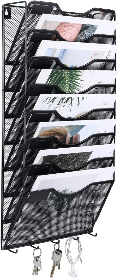 EasyPAG Mesh Metal 10 Pocket Wall File Holder Organizer Hanging Magazine Rack with 5 Key Holder Hooks,Silver Pack of 2