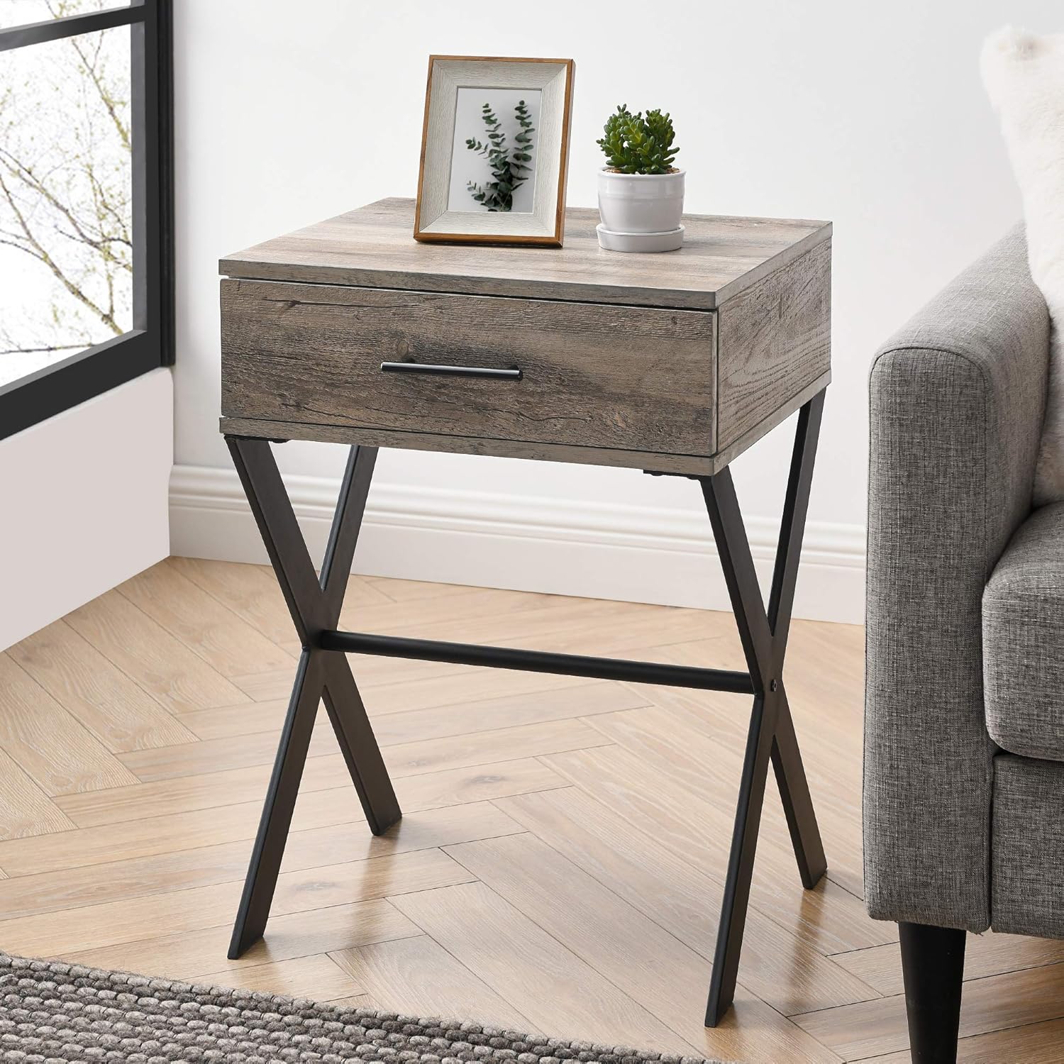 Walker Edison Modern Metal and Wood 1 Drawer X Leg Side Table Living Room Small End Accent Table, 18 Inch, Grey Wash