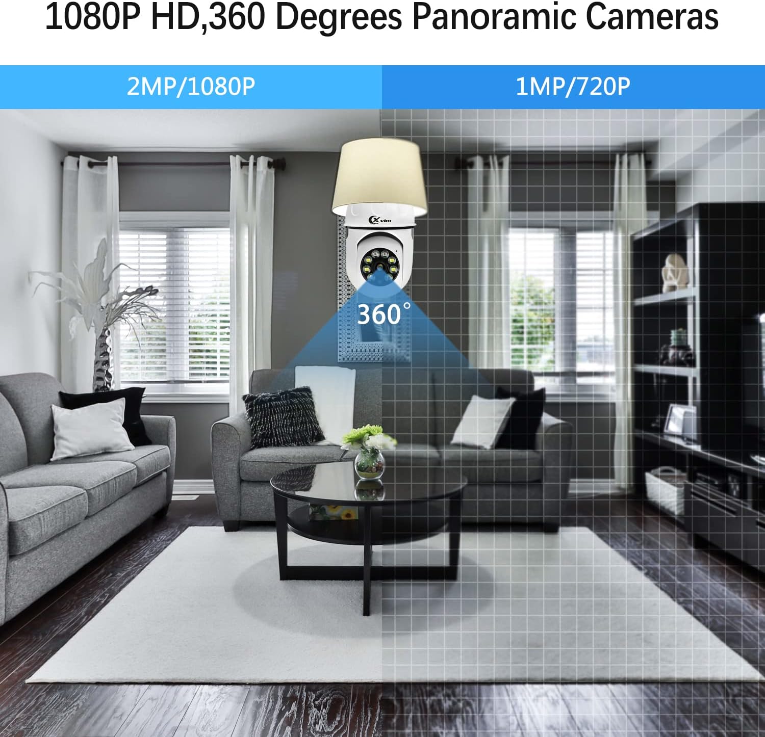 XVIM 1080P WiFi Home Bulb Camera System, Screw Base Wireless Home Surveillance Cameras System, 360 Degree Panoramic View Lens Night Vision Human Motion Detection and Alarm Pack of 2