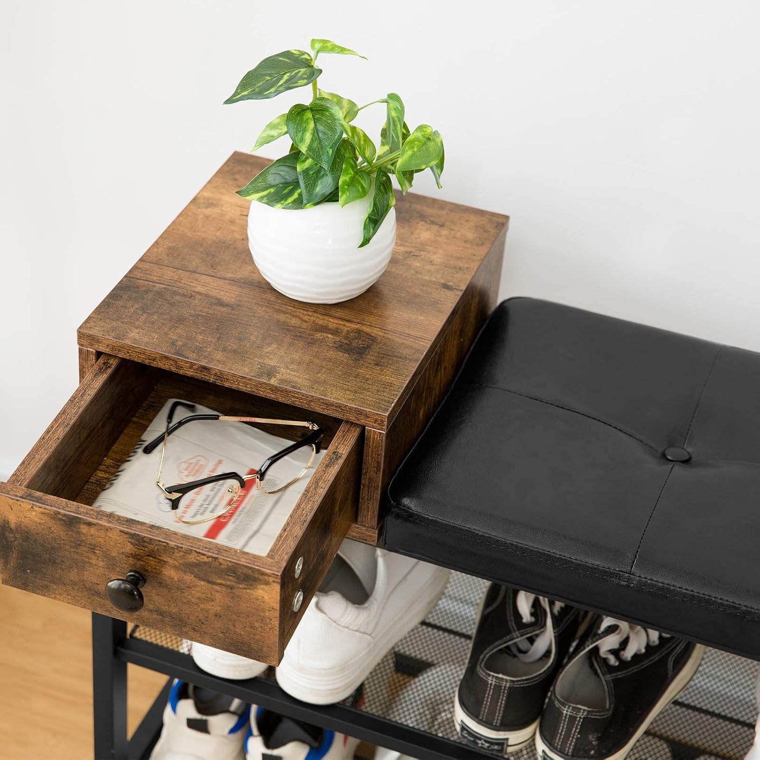 HOOBRO Shoe Bench, Shoe Rack with Cushioned Seat and Drawer, Shoe Storage for Entryway with 2 Mesh Shelves, Black Imitation Leather, Easy Assembly, Comfortable, Hallway, Living Room, Bedroom BF31HX01