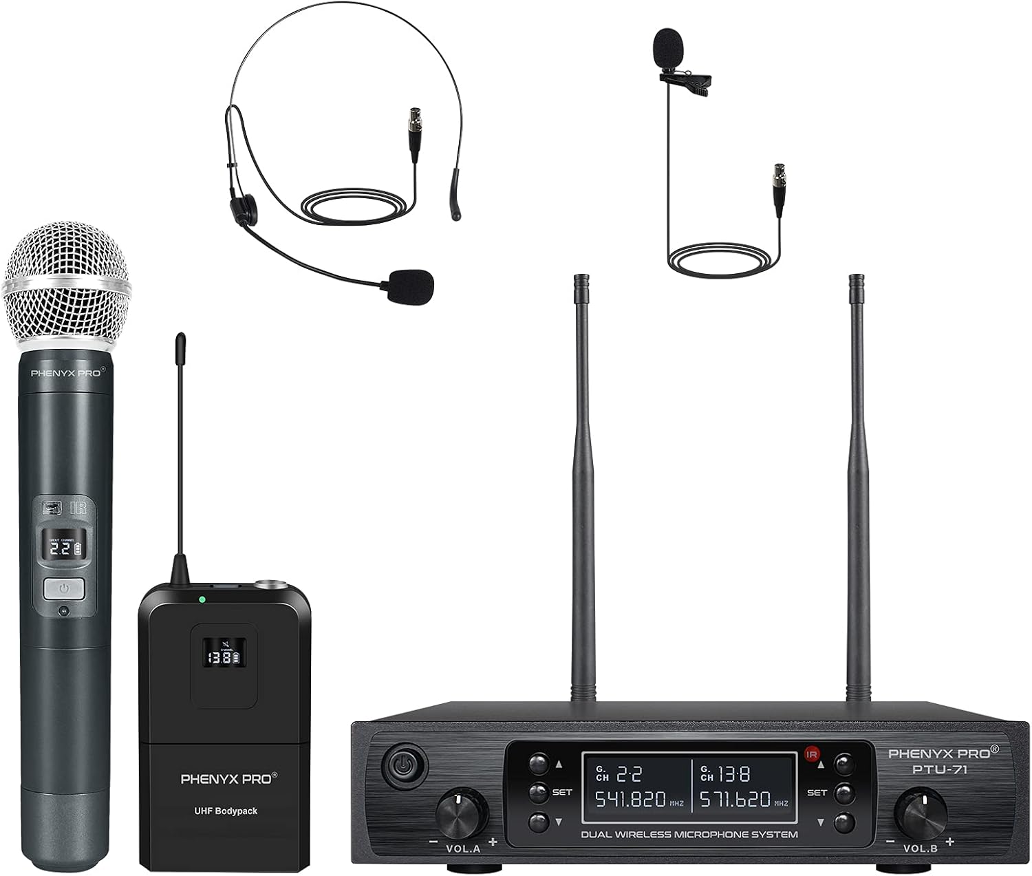 Wireless Microphone System, Phenyx Pro Dual Channel Cordless Mic Set with Handheld/Bodypack/Headset/Lapel, 2x100 Channels, Auto Scan, Lock Function, 328ft Coverage, Ideal for Events, Church (PTU-71B)