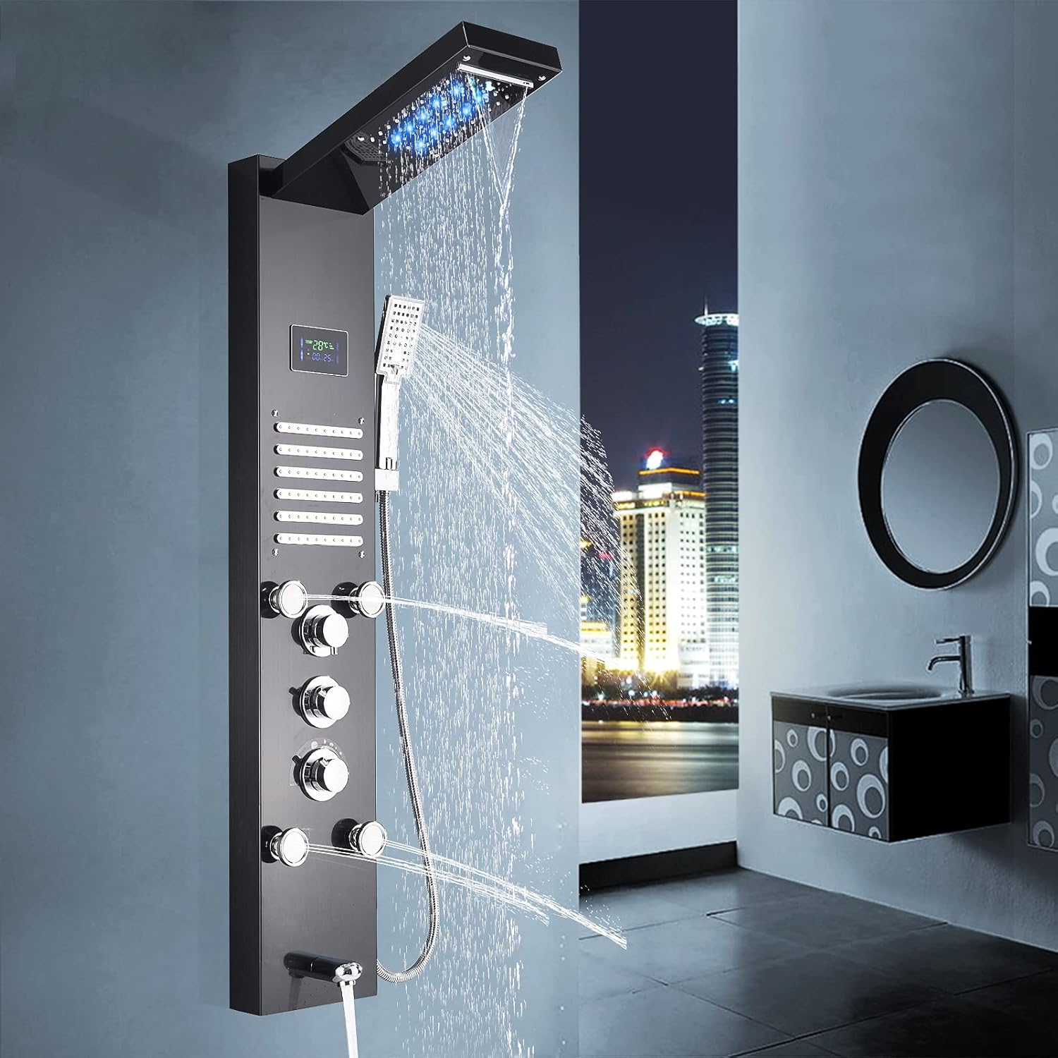 YAGATAP Shower Panel System LED Rainfall Waterfall Shower Head Rain Massage System with Body Jets shower tower Stainless Steel Bathroom 6-Function Shower Faucet Wall-Mount Complete Shower Column,Black
