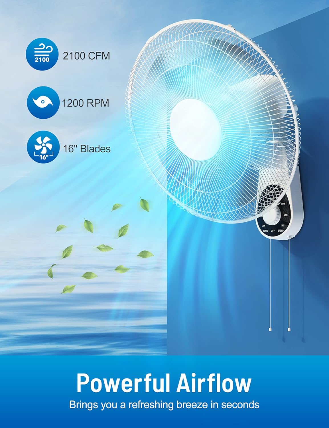 Wall Mount Fan, Quiet Air Circulation, 5 Blades 3 Speeds 16” High Velocity Wall Mounted Fan with High Efficiency Motor, 90° Oscillating for Bedroom, Office, Warehouse, Workshop, Patio, and Basement Pack of 2