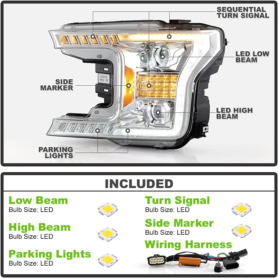 ACANII - For 2018-2020 Ford F150 Chrome LED Tube w/Sequential Signal LED Projector Headlights Headlights Set Left+Right