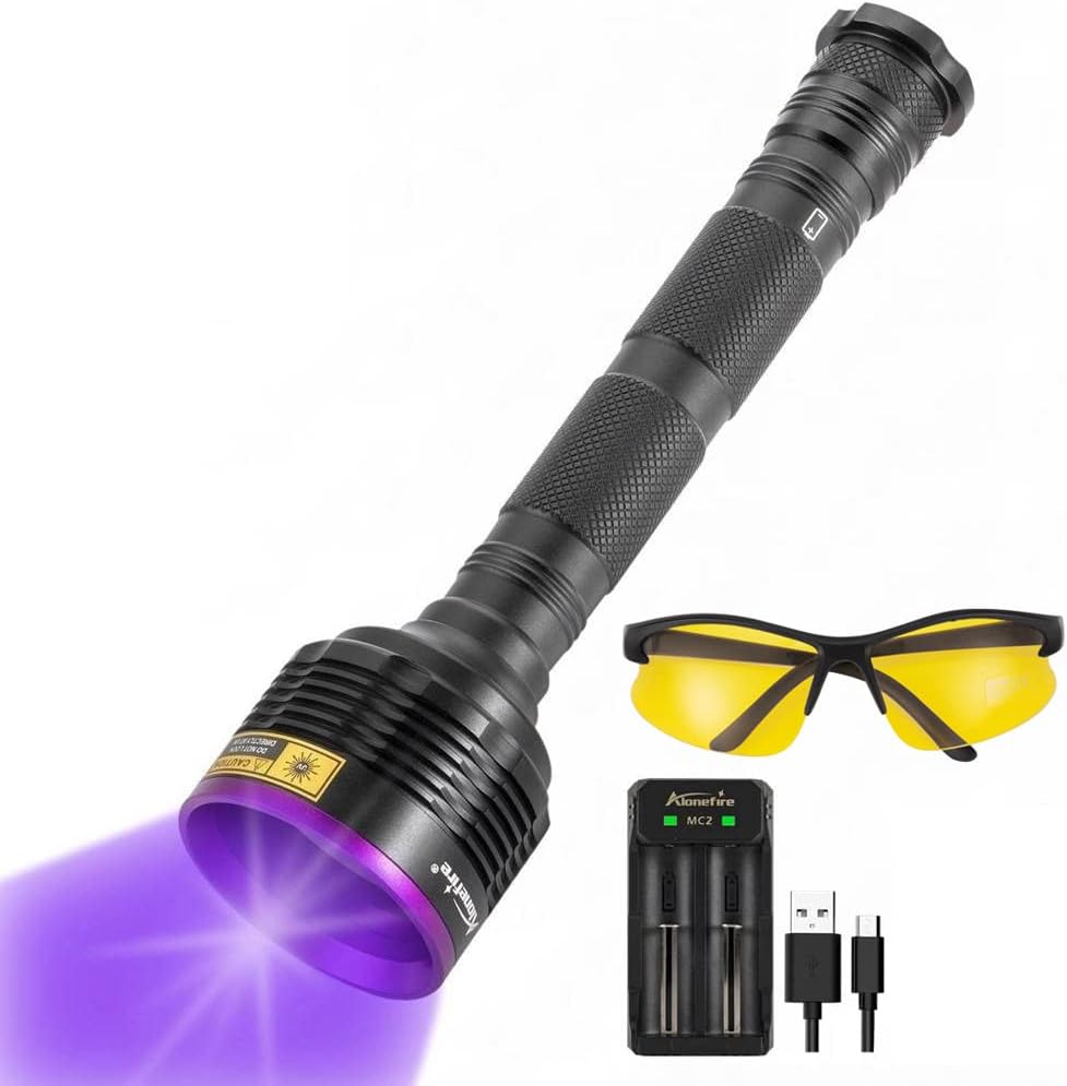 Alonefire SV56 30W 365nm UV Flashlight USB Rechargeable Ultraviolet Black Light Pet Urine Detector for Resin Curing, Fishing, Scorpion, Dry Glue with UV Protective Glasses, Battery Included, Charger