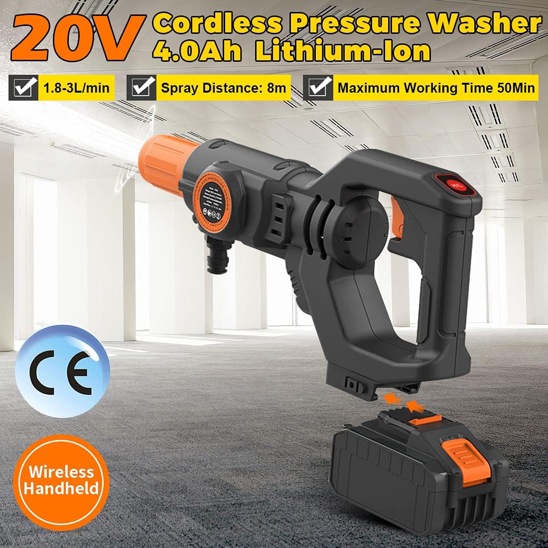 BONSBOR 20V Cordless Pressure Washer Max 435PSI Portable Pressure Cleaner with Lithium-Ion Battery Charger and Cleaning Accessories