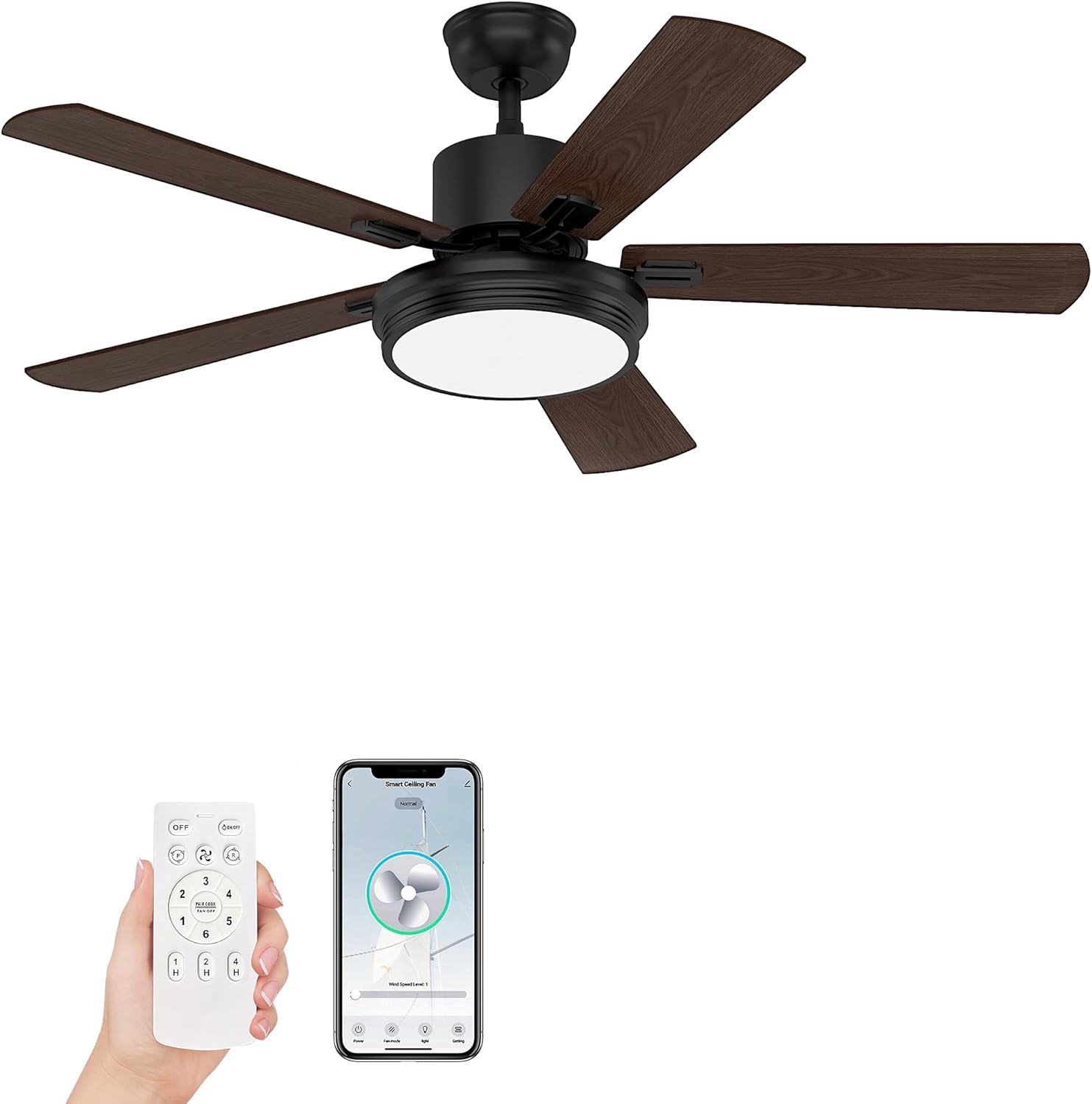 52 Inch Smart Ceiling Fan with Lights, Remote Control & 6-Speed DC Motor, Works with Alexa/Google Home/Siri, 5-Blade Indoor/Outdoor WiFi Ceiling Fan for Living Room/Bedroom, 3 CCT, 3 Timers, Black