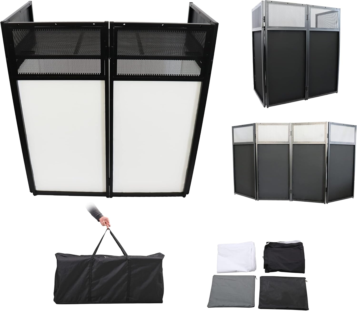 Sardoxx DJ Booth DJ Facade Adjustable Height DJ Event Booth Foldable Cover Screen Metal Frame Booth + Built in Flat Table w/Travel Bag Black White Scrims
