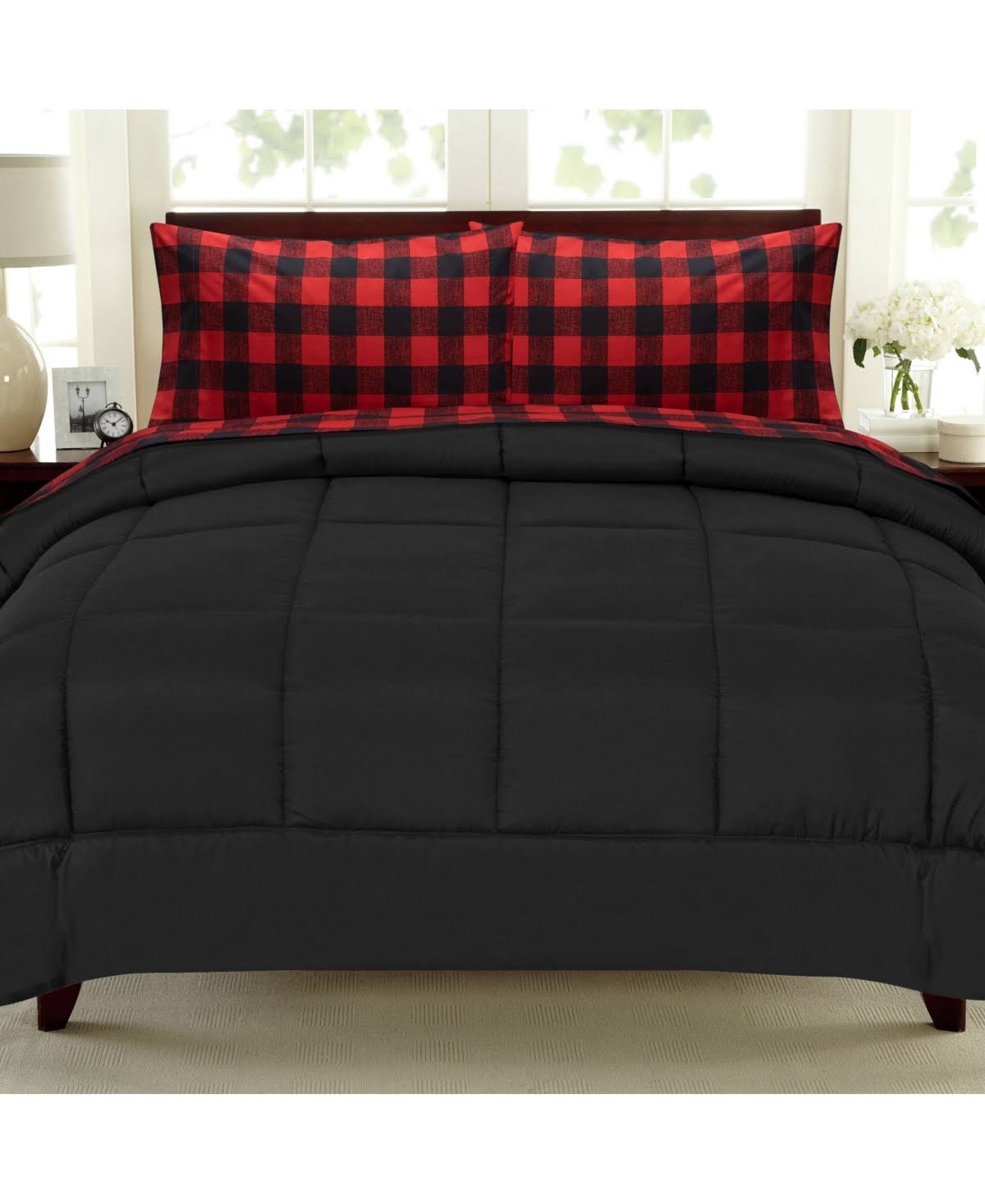 Sweet Home Collection Buffalo Check Sheet Set Burgundy/Black and Solid Black Comforter - Burgundy Black - King