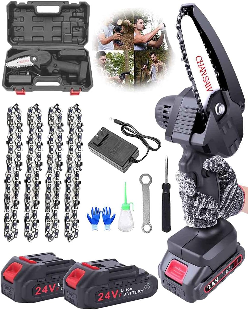 Mini Chainsaw, Mini Chainsaw Cordless 4-Inch 24V Battery Power Chainsaw with 2 Batteries 4 Chain One-Hand Electric Chainsaw for Garden Courtyard Tree and Urban Greening,Red Pack of 2