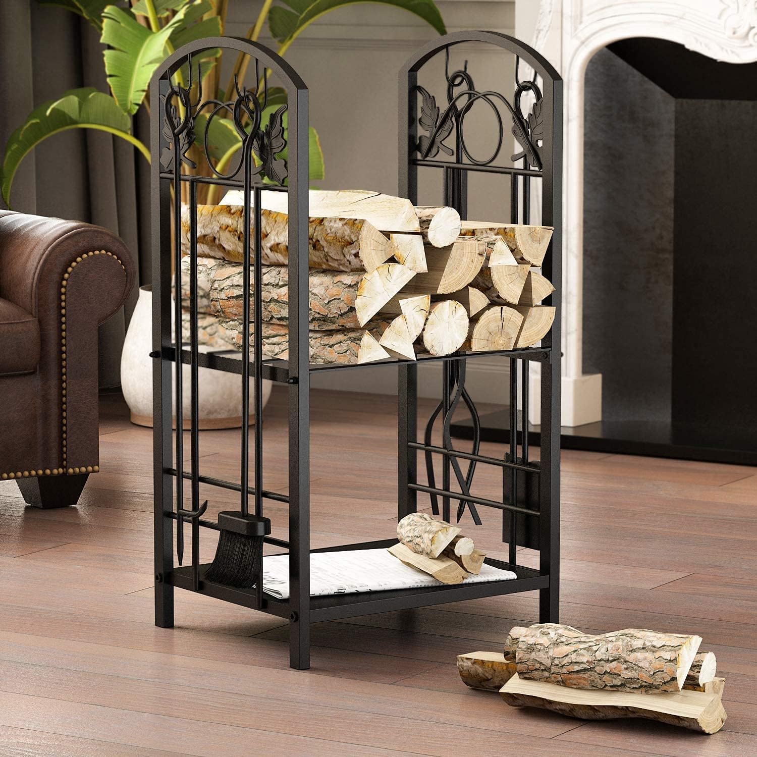 Lovinouse Firewood Log Rack with 4 Tools Set, 2 Layer Fireplace Wood Holder for Indoor Outdoor, Firewood Racks for Wood Stove Fireside Fire Pit (17 x 12 x 30 Inch)