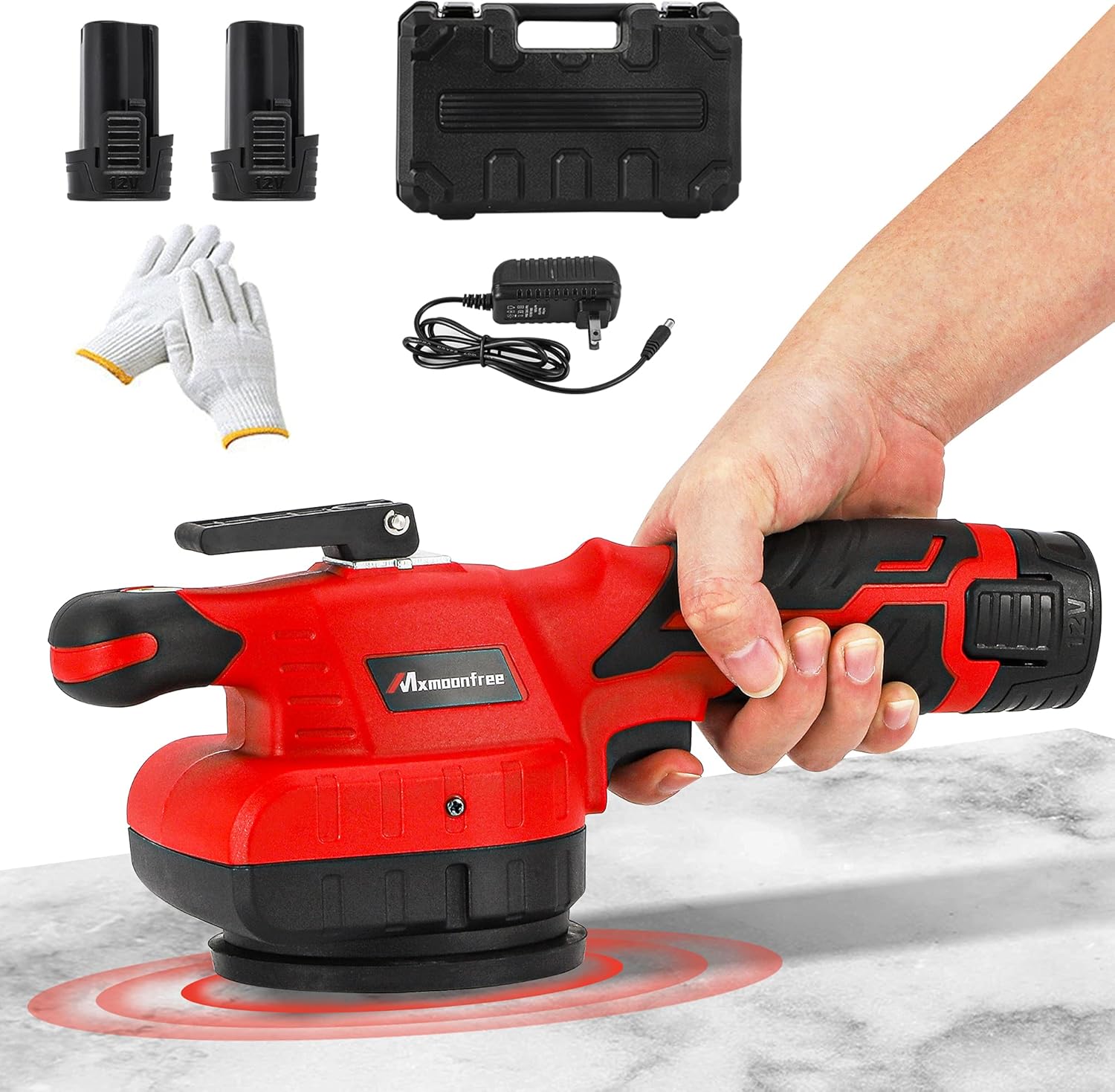 Mxmoonfree Tile Vibrator Automatic Tile Vibration Machine Tile Tiling Machine with Adsorption Lock Design, Stepless Control, Suction Cup, Storage Case, 2 Pcs 2000mAh Battery (Red)