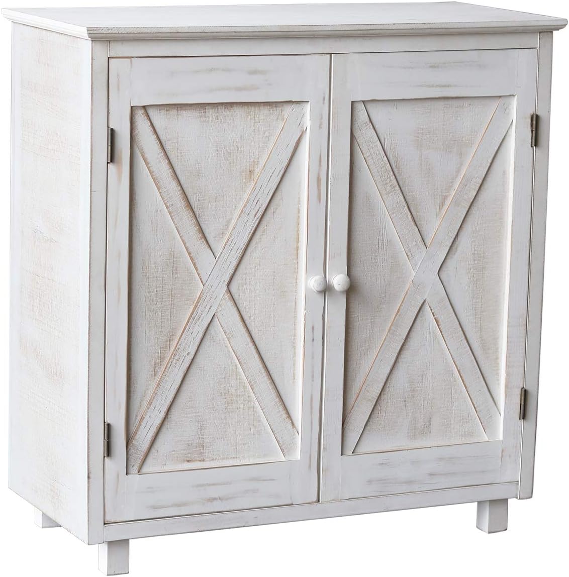 Farmhouse Barn Door Accent Wood Storage Cabinet, Entryway Bar Storage Table, Country Style Furniture, Whitewashed, 32.25