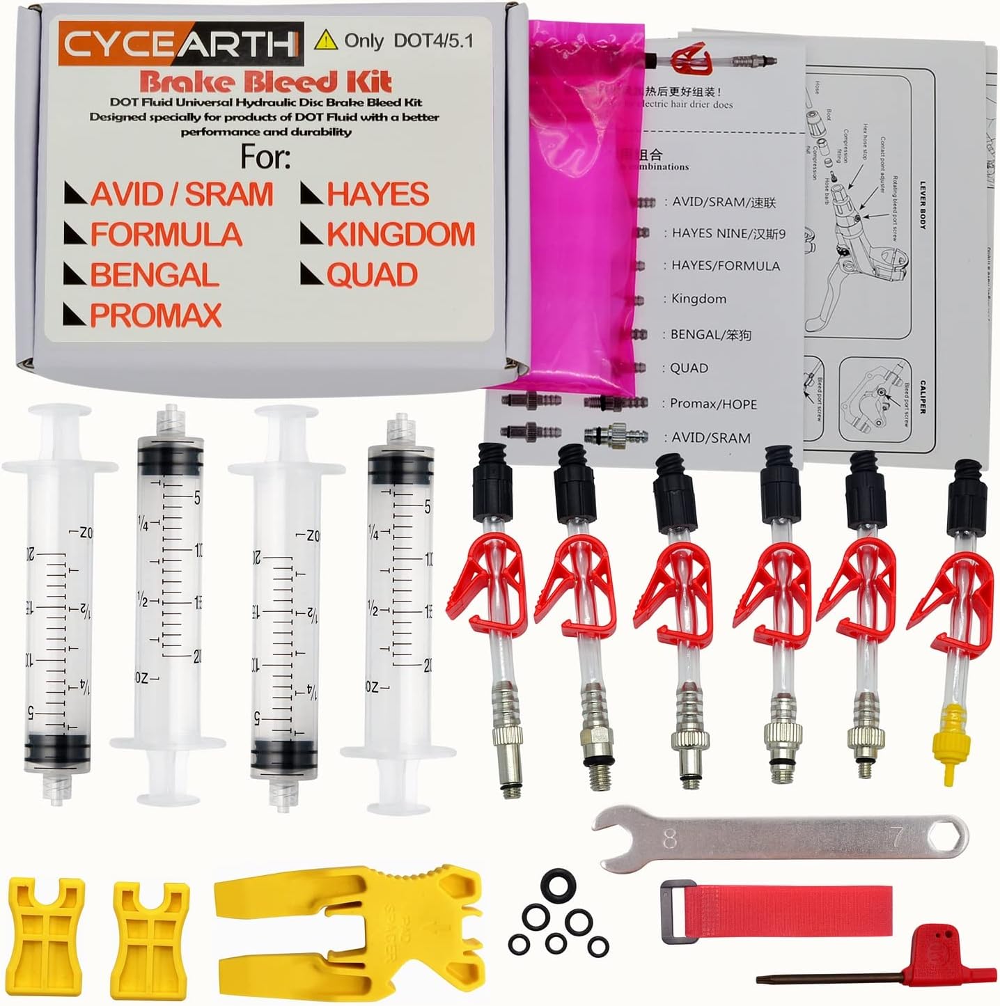 CYCEARTH Bicycle Brake DOT Oil Bleed Kit for Avid Sram Code5 Code R Juicy Ultimate Elixir Formula Hayes Bngal Hope Quad Hydraulic Disc Tools Pack of 2
