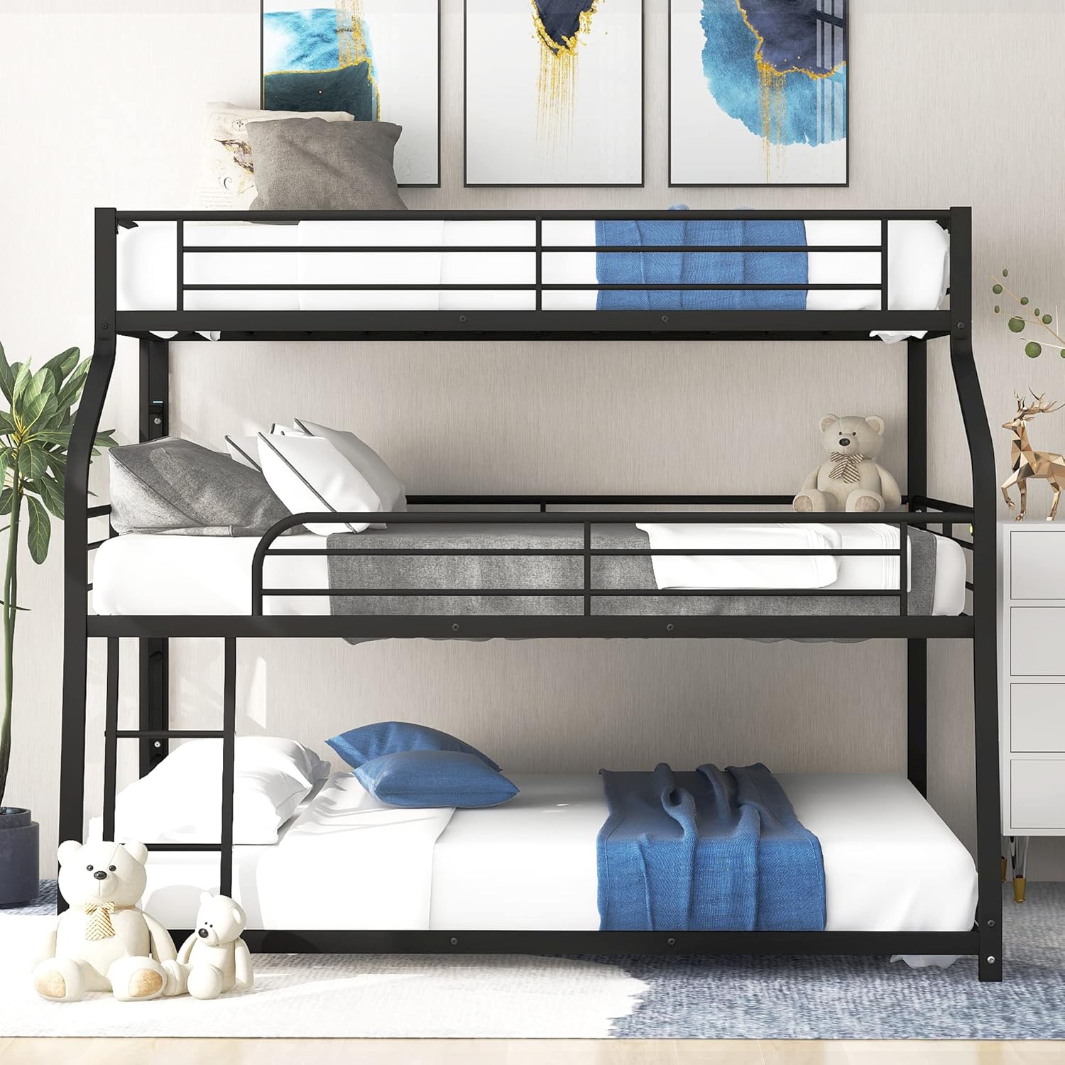 Twin-Over-Twin-Over-Full Triple Bunk Bed, Harper & Bright Designs Space-Saving 3-in-1 Metal Triple Bunk Beds with Built-in Slide, Two Ladders and Full-Length Guardrails, Black