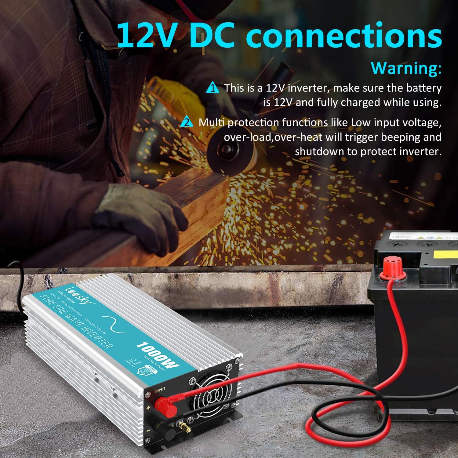 1000Watt Pure Sine Wave Power Inverter DC 12V to AC 110V 120V Power Converter Adapter with 2.4A USB Port & 2 AC Outlets Remote Controller for Truck Car & Emergency