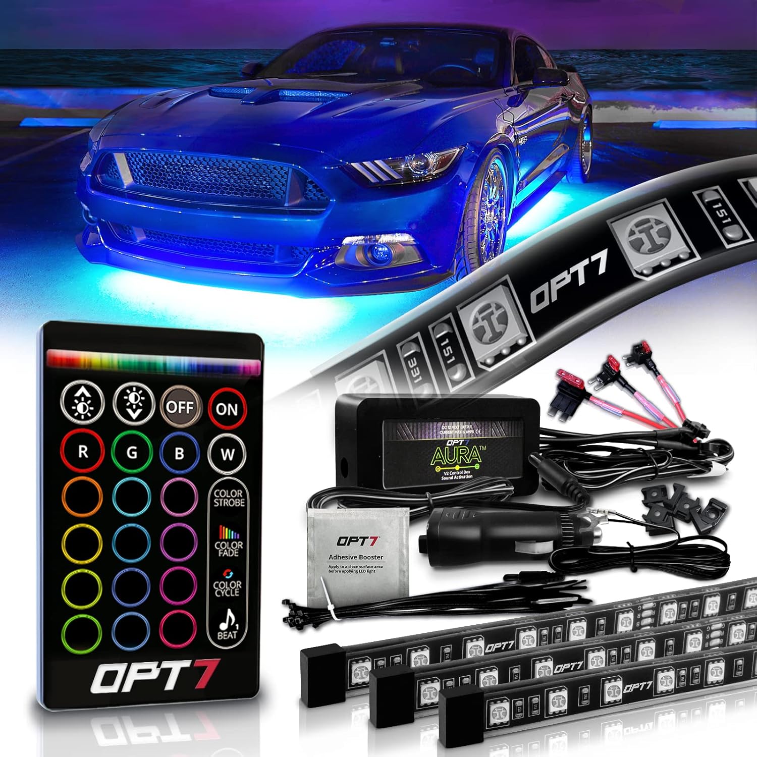 OPT7 Aura Underglow Flexible Lighting Kit for Cars Trucks RV w/Wireless Remote, Exterior Underbody Neon LED Light Strips, Multi-Color, mode, Smart LED, Waterproof, Soundsync, 2 x 48 inch + 2 x 36 inch Pack of 2