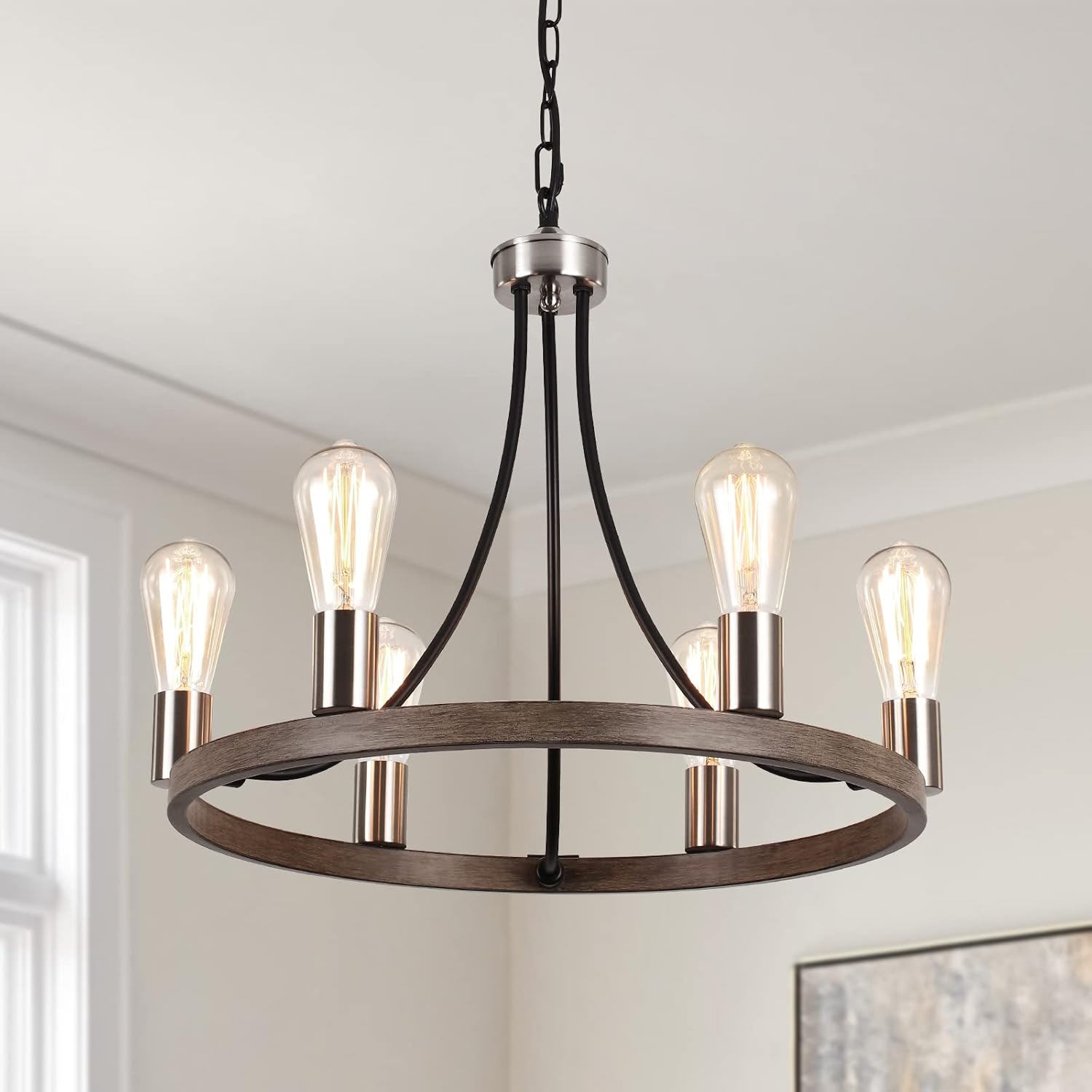 Wagon Wheel Chandelier, QAREHL 6 Light Round Pendant Lighting Fixtures Rustic Country Style Black Wagon Wheel Chandeliers with Adjustable Chain for Dining Room Light Fixtures Farmhouse Chandelier