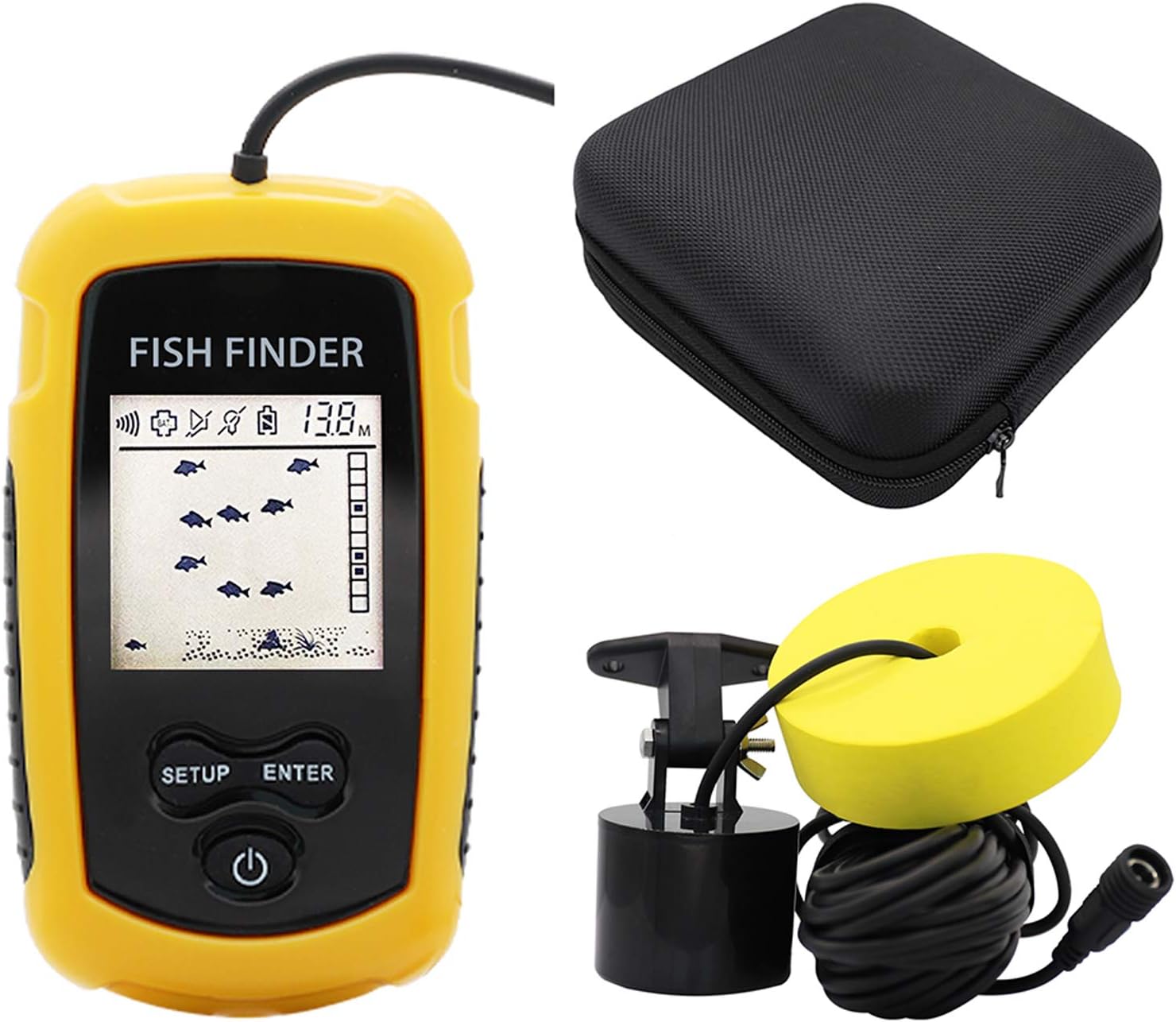RICANK Portable Fish Finder with Hard Travel Case, Handheld Fish Depth Finder Ice Kayak Shore Boat Fishing Wired Fish Detector Device Sonar Sensor Transducer and LCD Display with Fishfinder Case Pack of 2