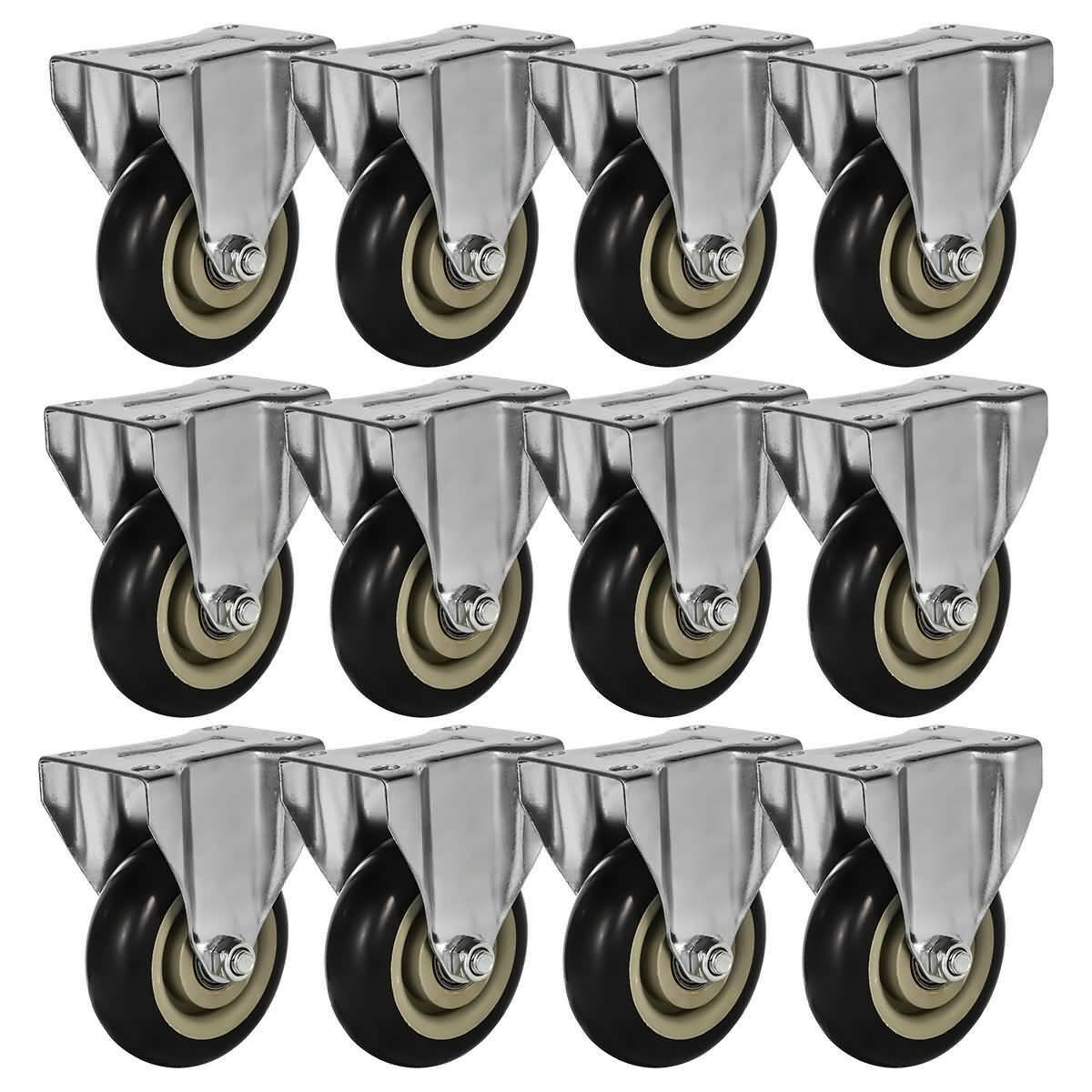 12 Pack 4x22 Rigid Fixed Polyurethane Black Non Swivel Caster Wheels