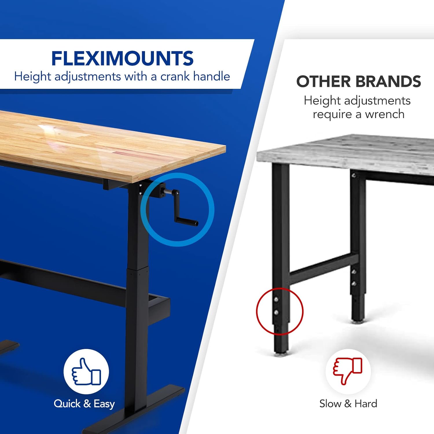 FLEXIMOUNTS Height-Adjustable Work Table with Crank Handle, 500-lb Capacity Rubberwood Top Garage Workbench and Sit-Stand Desk, Lift Range from 29.5 to 44.1 inch