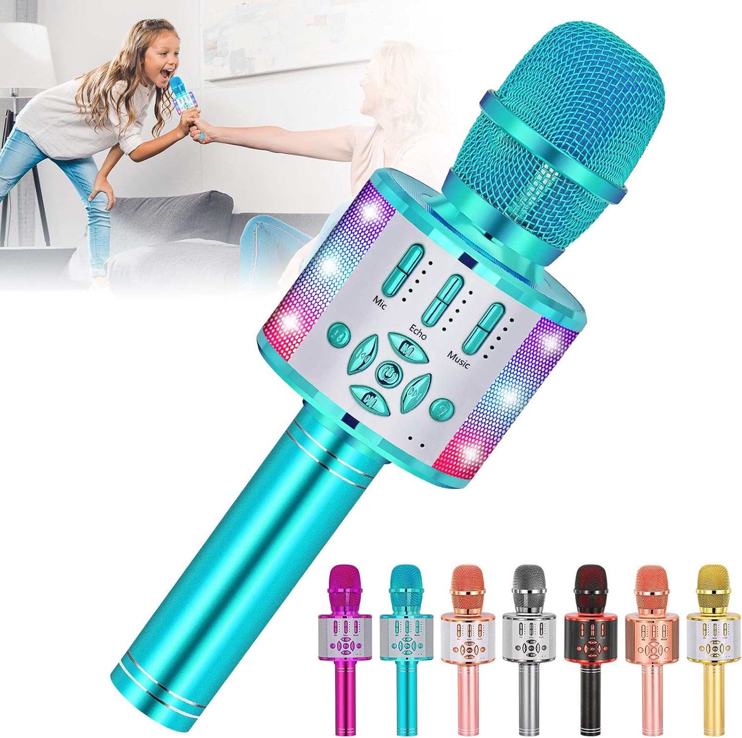 Amazmic Kids Karaoke Microphone Machine Toy Bluetooth Microphone Portable Wireless Karaoke Machine Handheld with LED Lights, Gift for Children Adults Birthday Party, Home KTV(Rose Gold)