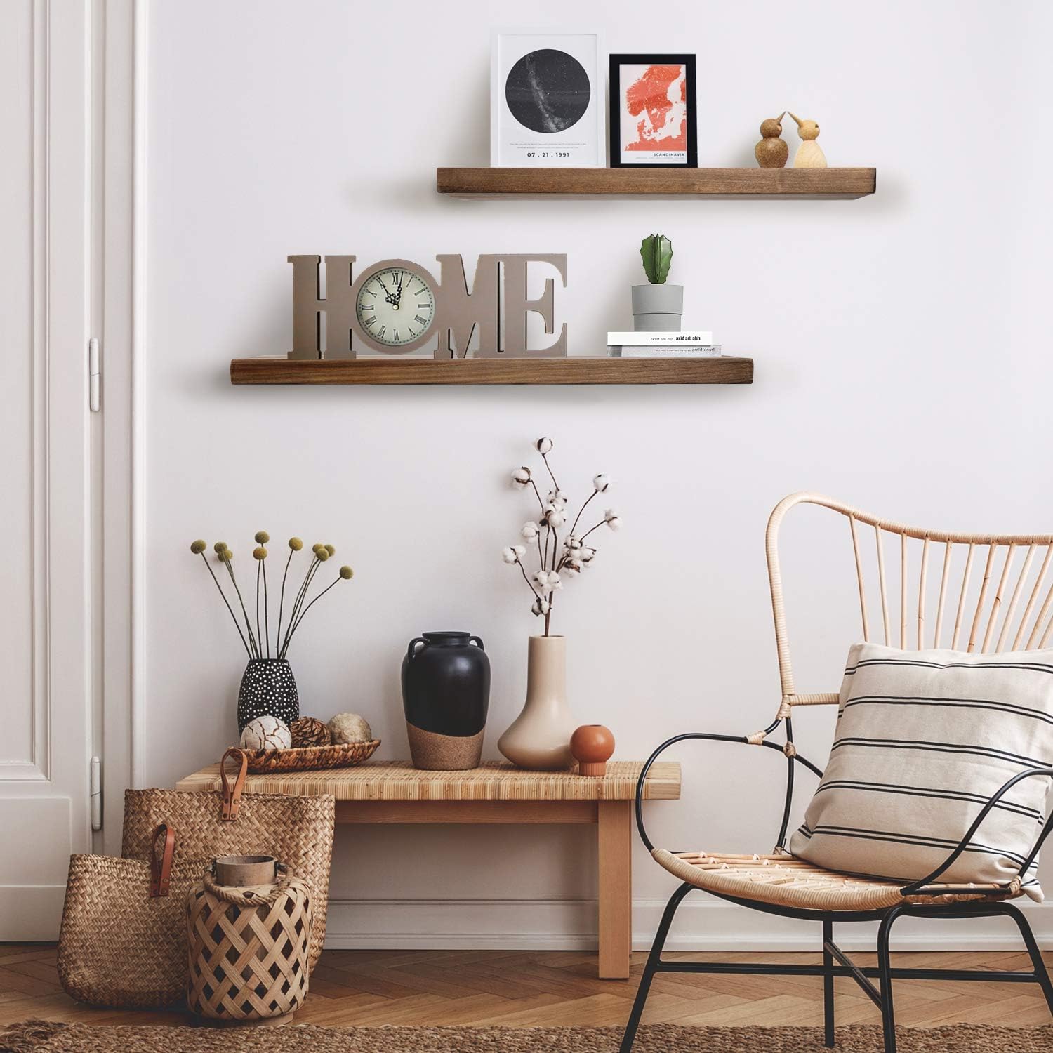 2 Tier Wood Floating Shelf with Hidden Brackets, Rustic Wall Floating Shelves, Set of 2 Solid Wood Wall Storage Shelves, 23.6 Inch and 19.7 Inch Length x 7.5 Inch Wider