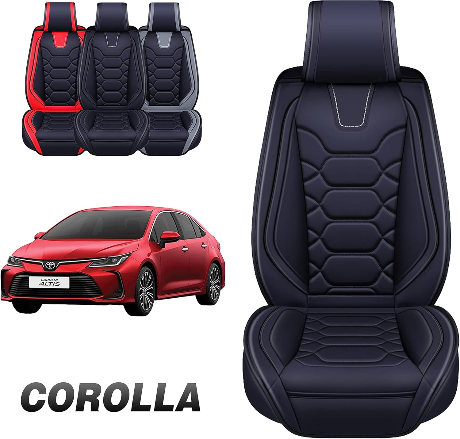 OASIS AUTO Custom Fit Leather Seat Cover Compatible with Corolla 2009-2023 (Full Set, Black&RED)