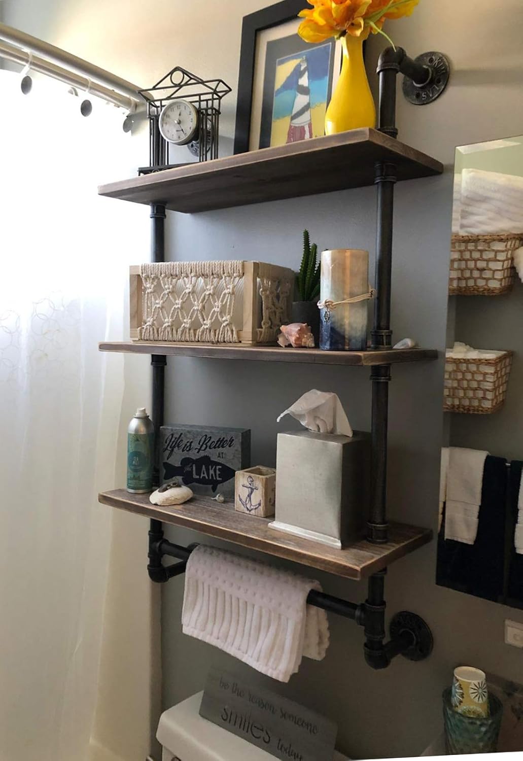 Industrial Pipe Shelf,Rustic Wall Shelf with Towel Bar,24