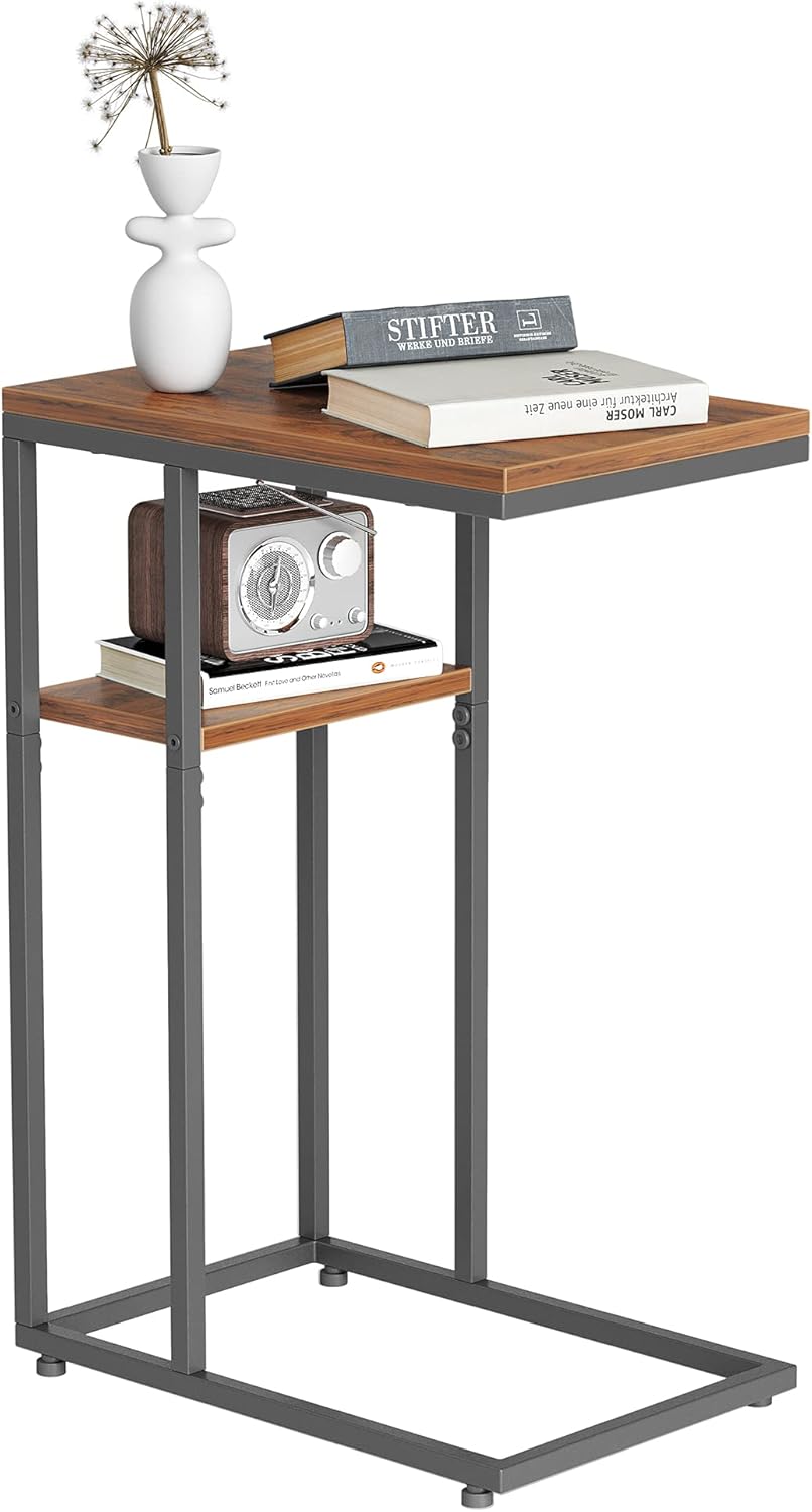 CubiCubi C Shaped End Table, Side Table for Couch and Bed, Rustic Table Living Room Bedroom, Small Table with Metal Frames, Modern Design, Deep Rustic Brown Pack of 2