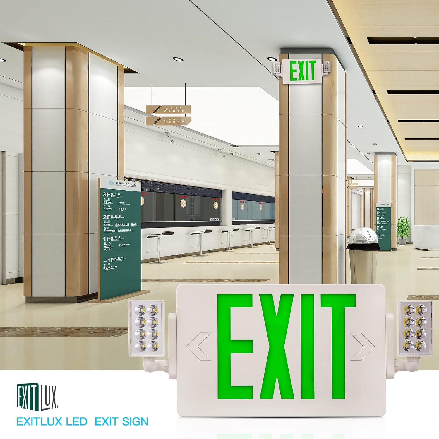 Exitlux Green Led EXIT Sign with Emergency Lighting with Battery Backup&Adjustable Two Head-US Standard-Hardwired-Exit Sign for Home Power Failure (8 PACK)