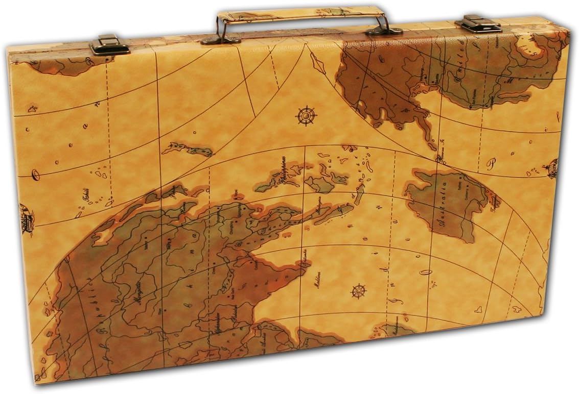 DA VINCI 18 inch Leatherette Backgammon Set with Beautiful Old World Map Design