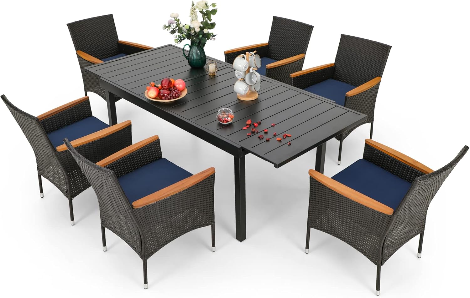 PHI VILLA 7 Piece Outdoor Patio Dining Sets Expandable Rectangular Metal Dining Table and Rattan Cushioned Chairs for Backyard, Deck, Balcony