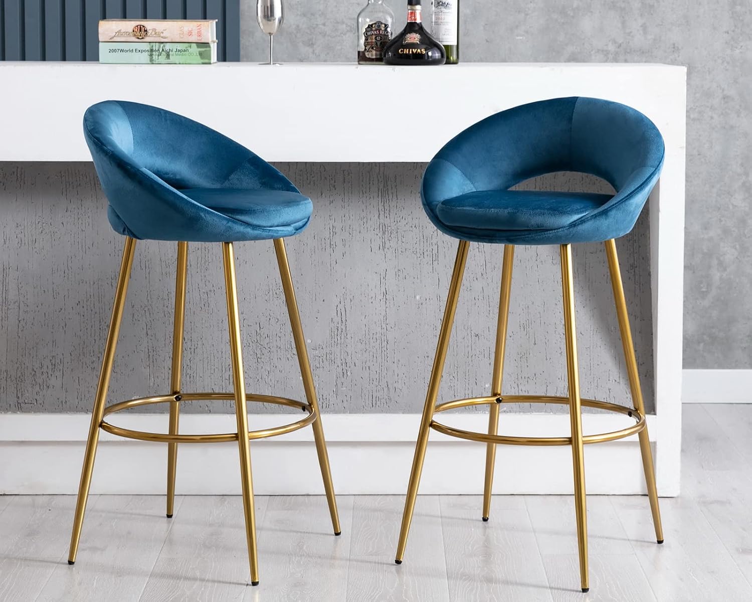 Velvet Bar Stools Set of 2, Tufted Kitchen Bar Height Stools with Open Back Footrest 30 inch Stool Chairs for Home Bar, Dining Room, Grey