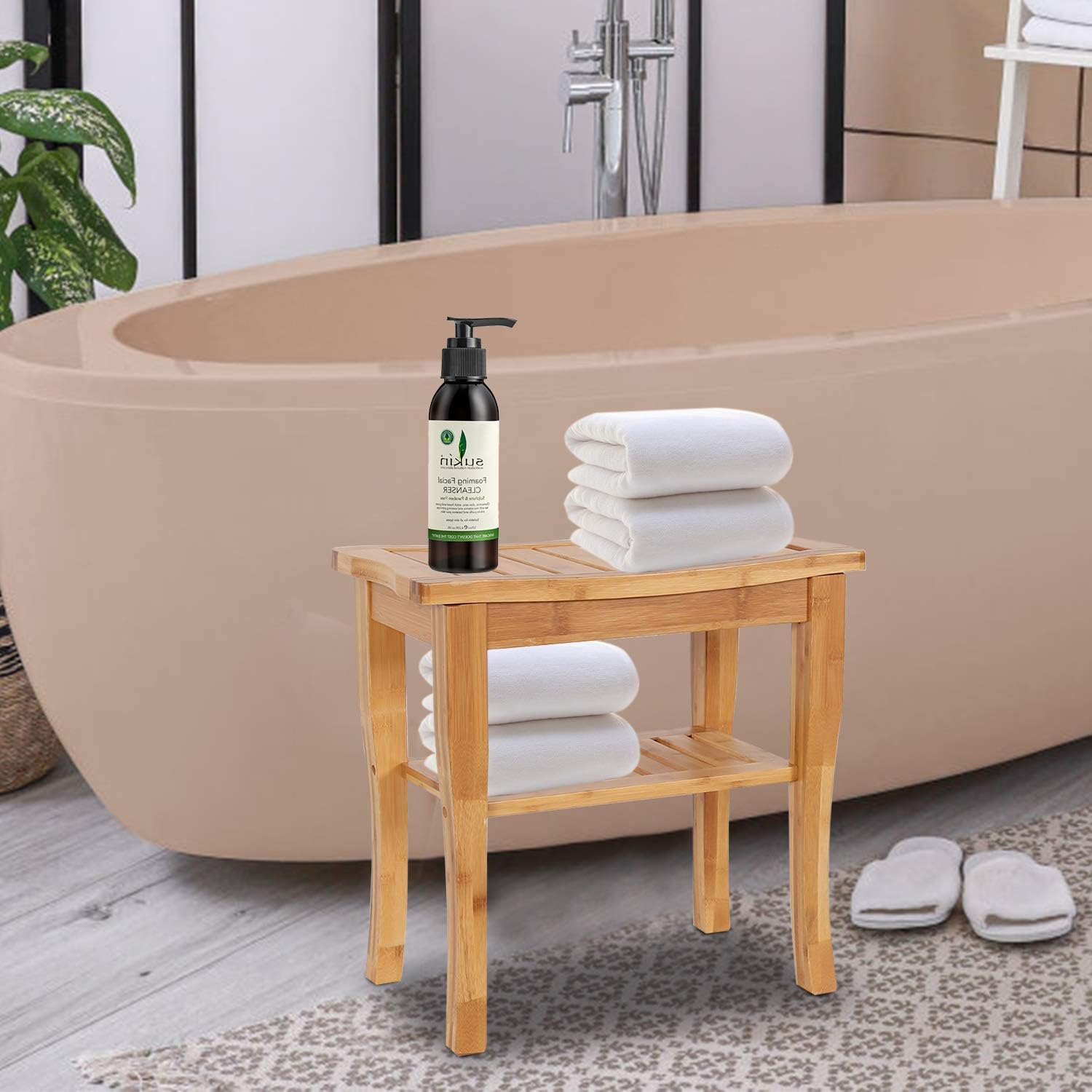 Kinlife Bamboo Shower Bench Seat Bathroom Portable Waterproof Spa Stool with Shelf Pack of 2