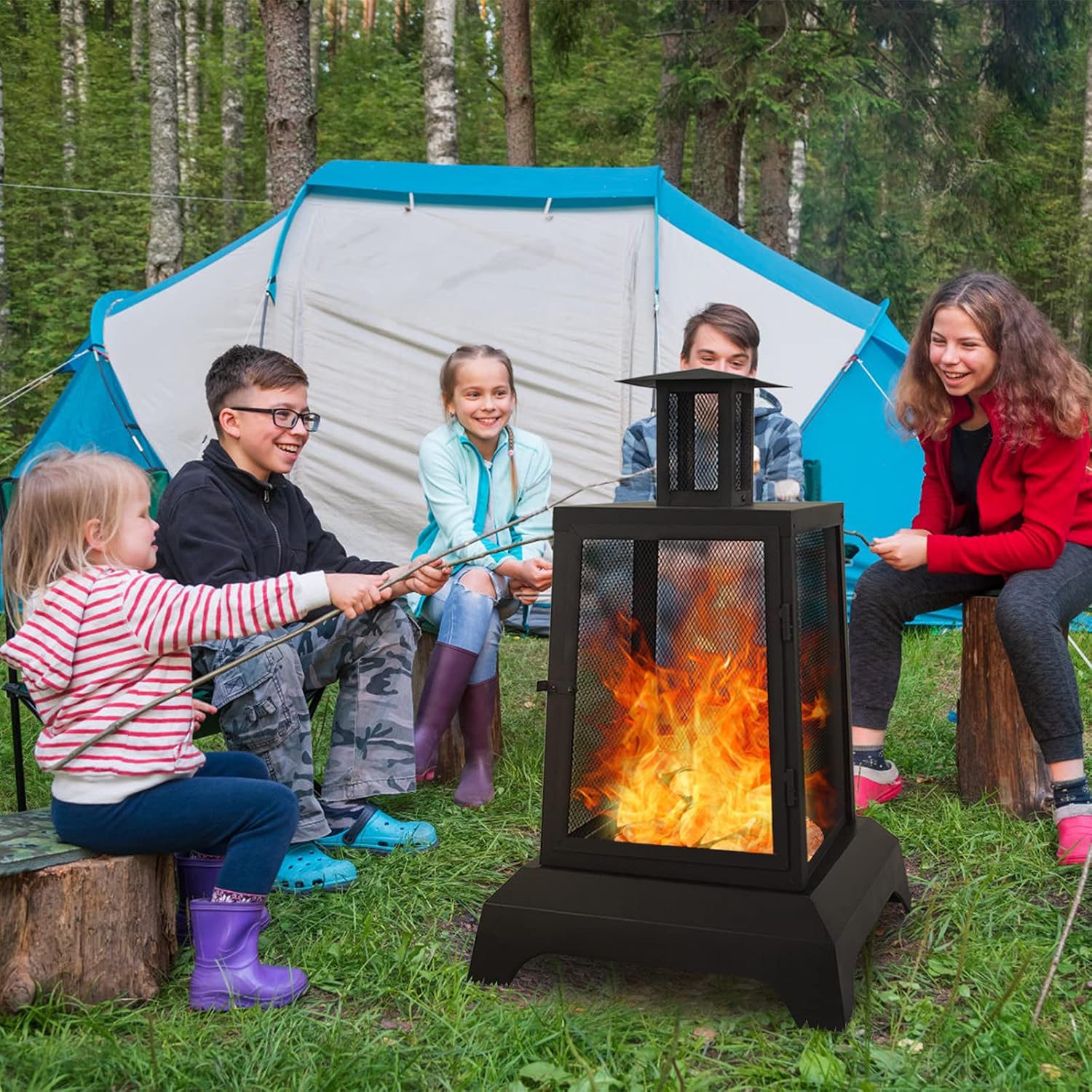 Large Fire Pits Wood Burning 44'' High Chimineas Fire Pit Steel Big Outdoor Pagoda Style Firepits Bowl with Mesh Spark Screen Modern Firepits for Camping ,Backyard,Party