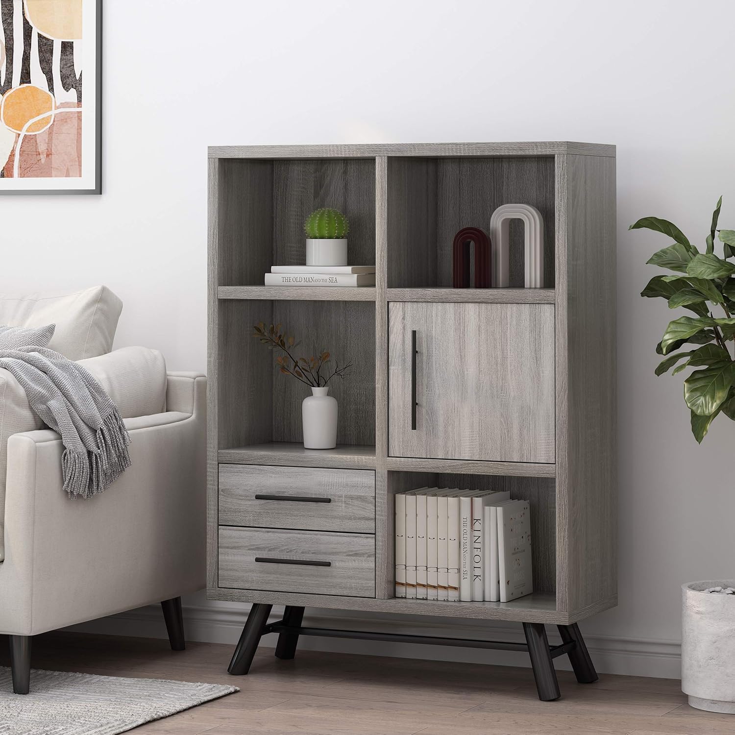 Christopher Knight Home Sylvia Modern Industrial 6 Shelf Multi-Functional Cabinet, Brown Oak + Black