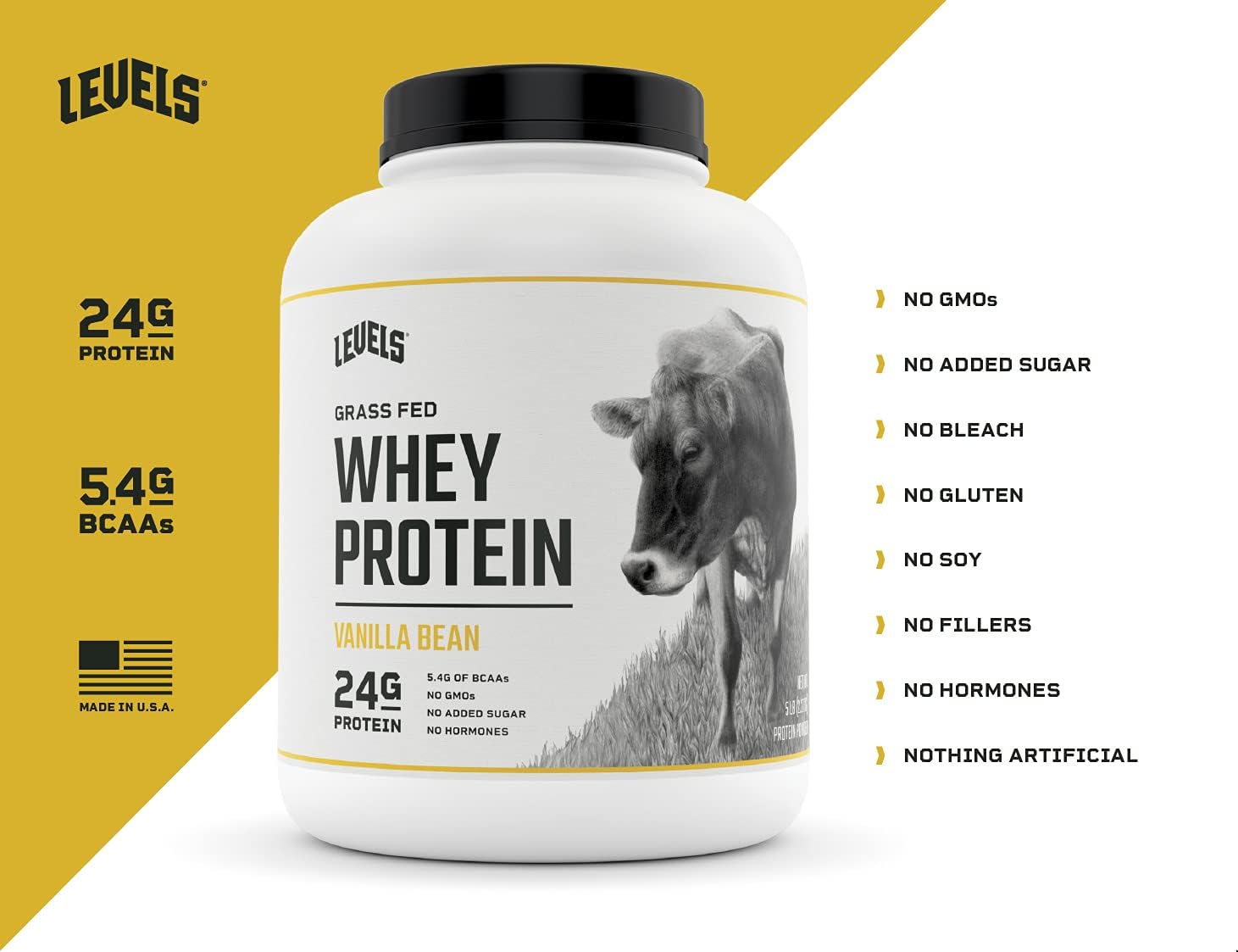 Levels Grass Fed 100% Whey Protein, No GMOs, Vanilla Bean, 5LB Pack of 2