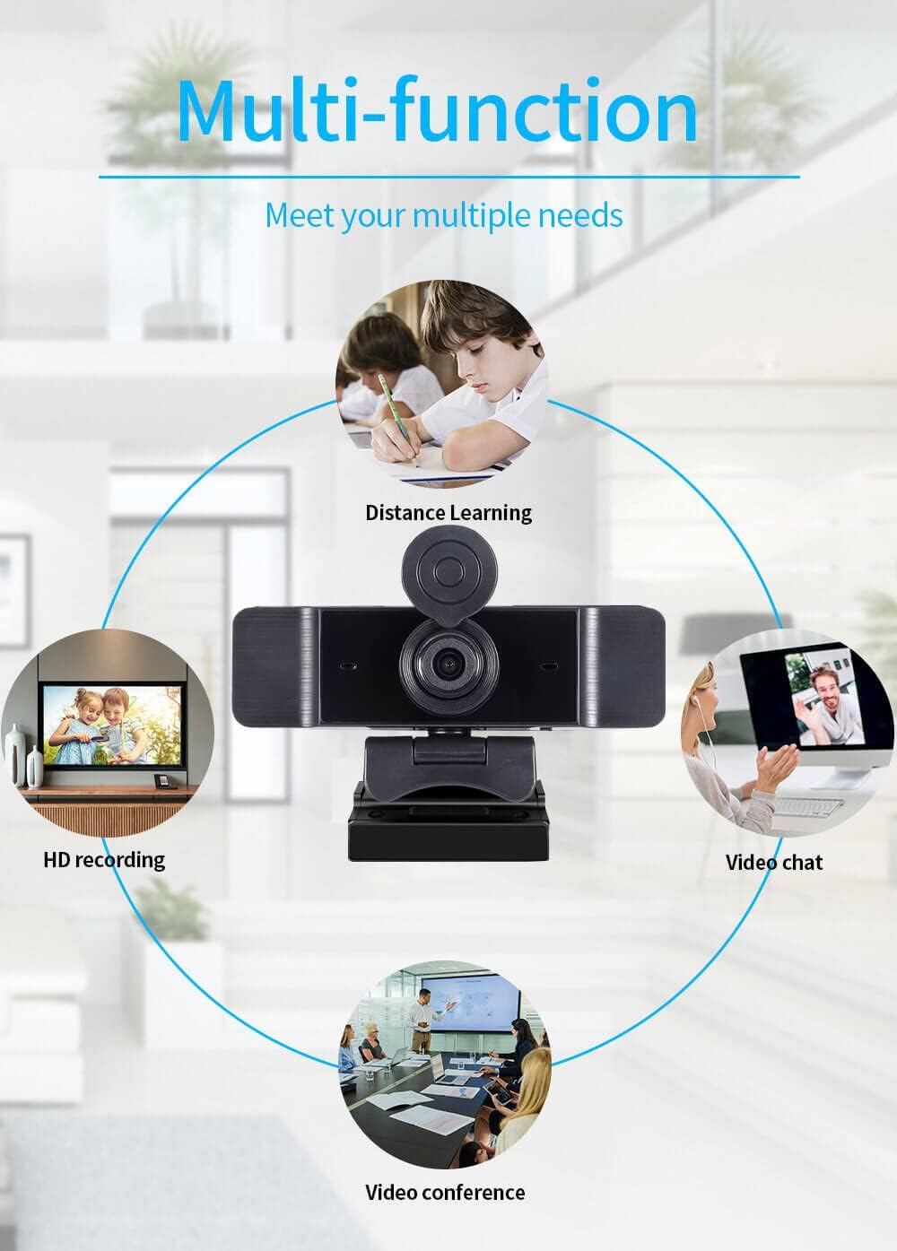 Hd Webcam with Microphone，REMALL 1080 Webcam with Microphone for Laptop, 2K USB Webcam for Computer Microphone, Webcam Mac Compatible with Cover and Tripod, 150&deg;Angle,360&deg;Rotatable,Plug&Play YouTube