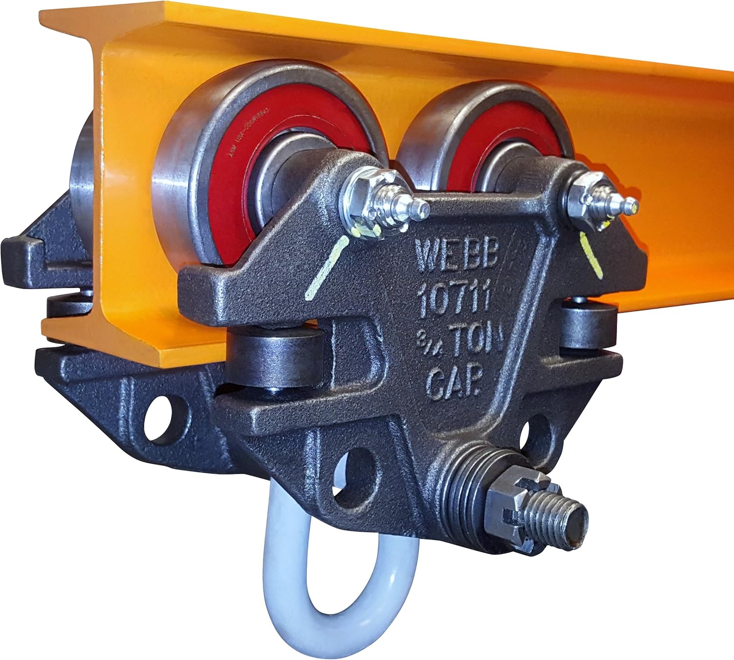 Jervis Webb Beam Trolley With Side Guide Rollers. Heavy Duty 3/4 Ton 1,500 Pounds Capacity. Industrial Grade Conveyor Trolley for I-Beams and Chain Hoists