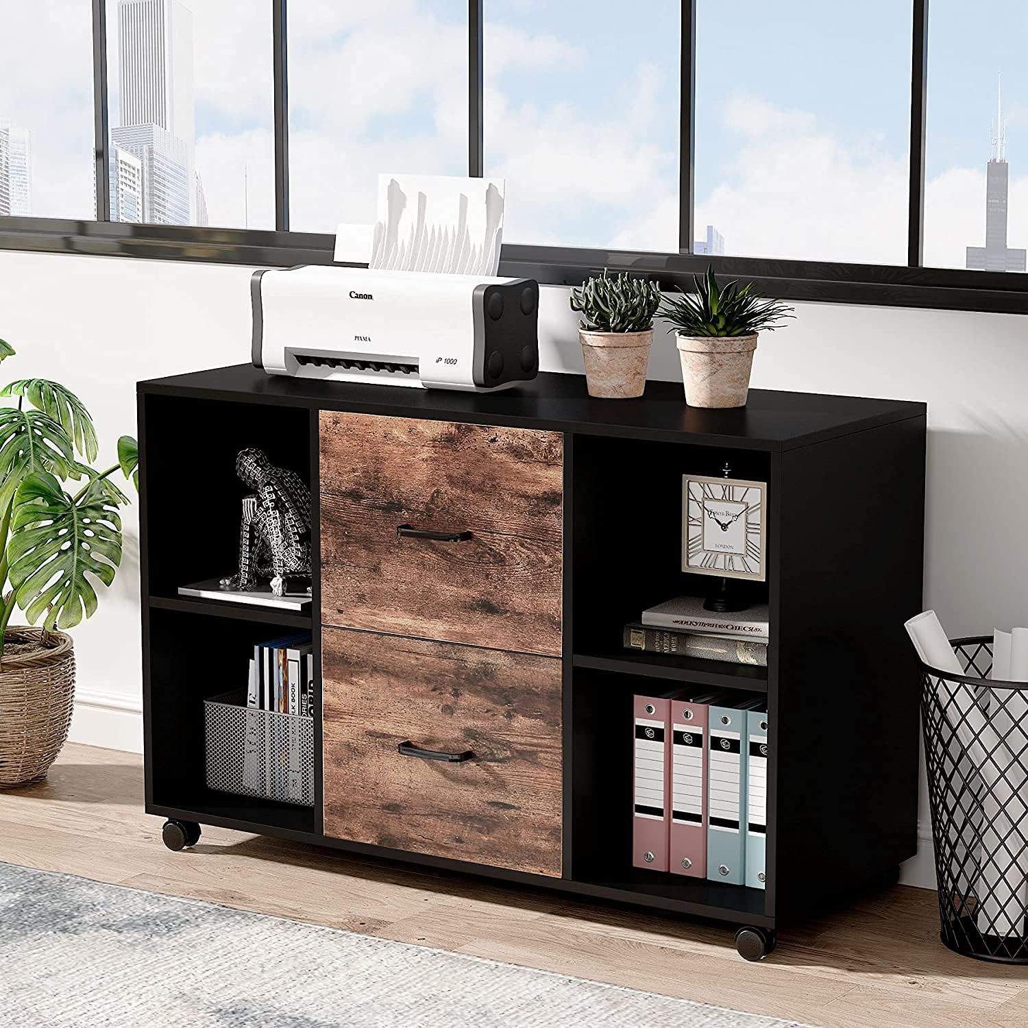 File Cabinet with 2 Drawer, Lateral Mobile Filing Cabinet Letter Size, Large Printer Stand with Open Shelves for Home Office (Black & White)