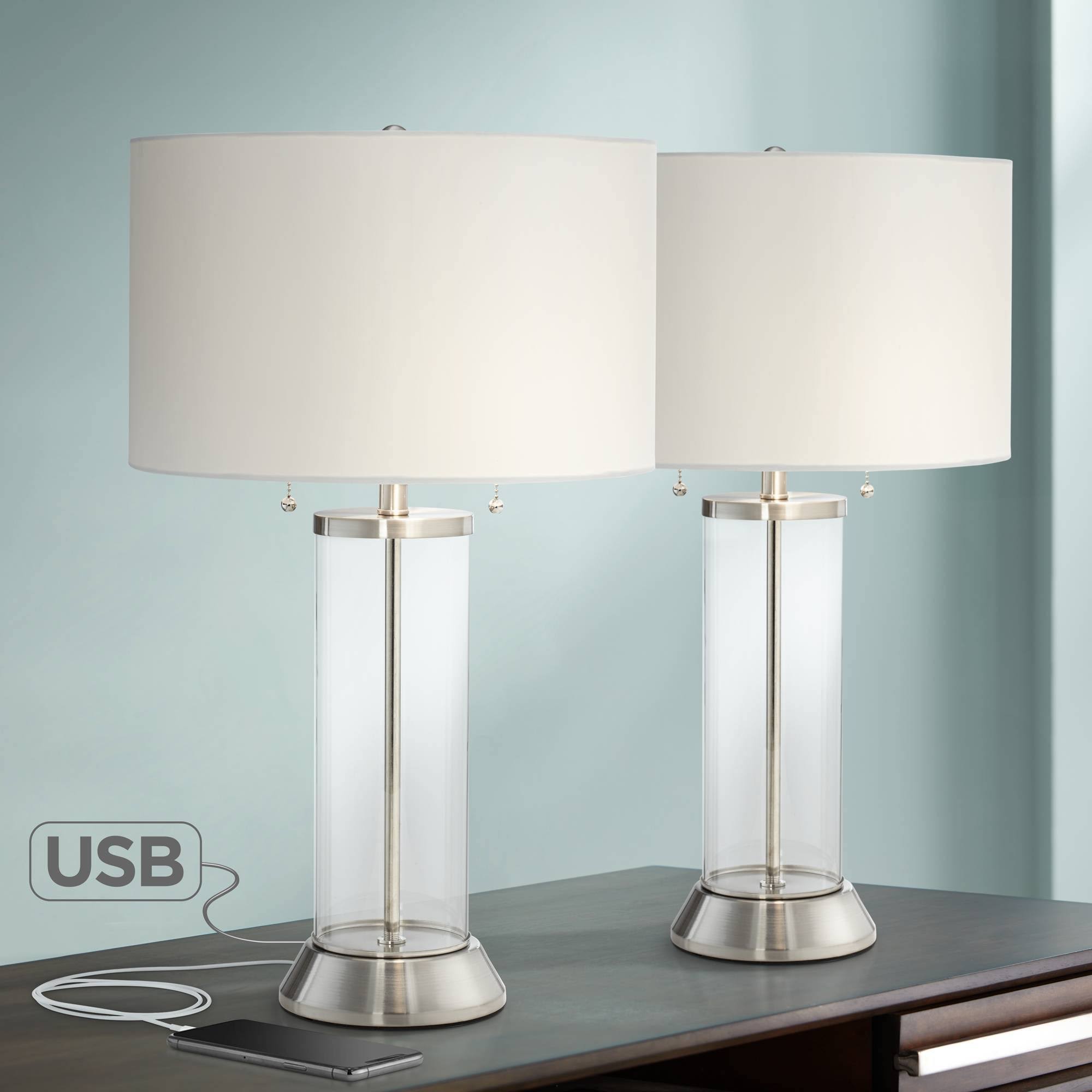 Fritz Coastal Table Lamps Set of 2 with USB and AC Power Outlet in Base Glass Column Drum Shade for Living Room - Possini Euro D