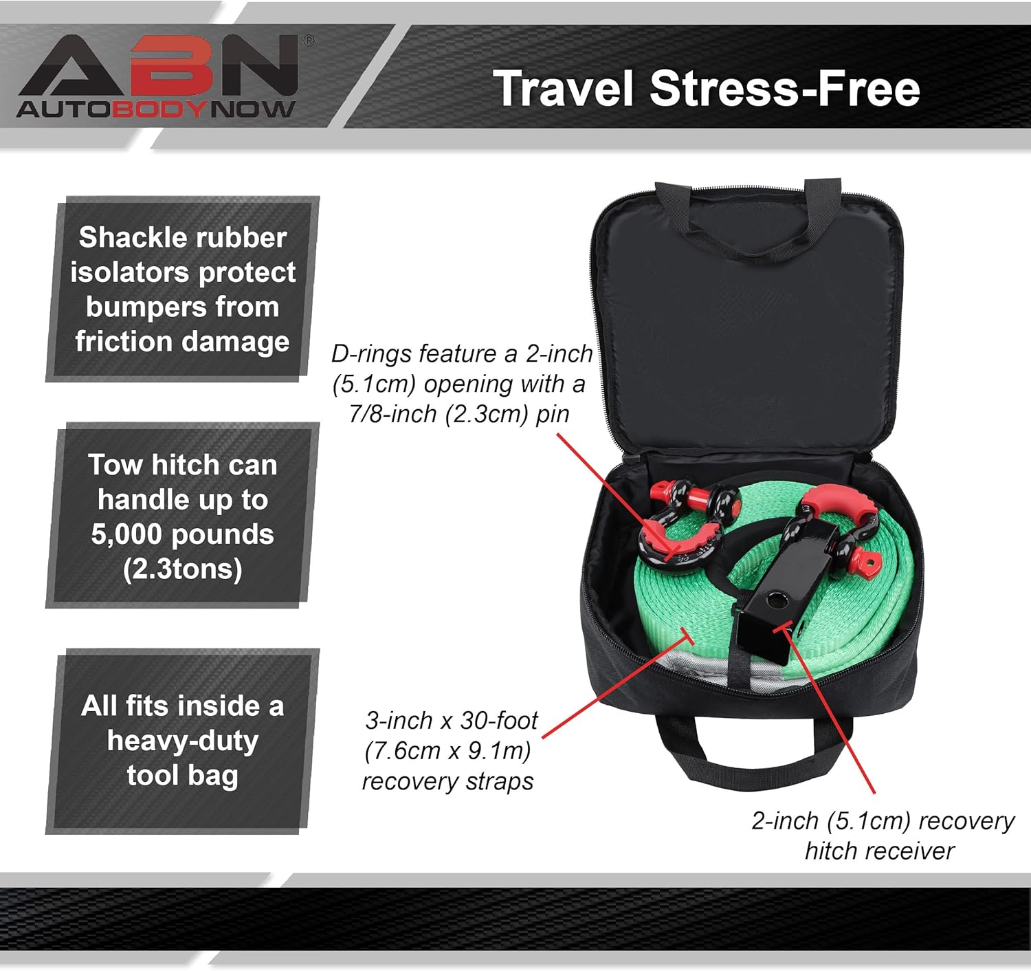 ABN Offroad Recovery Kit Tow Gear with Snatch Strap Tow Straps Recovery Ring Shackle Hitch Receiver in Tow Rope Bag