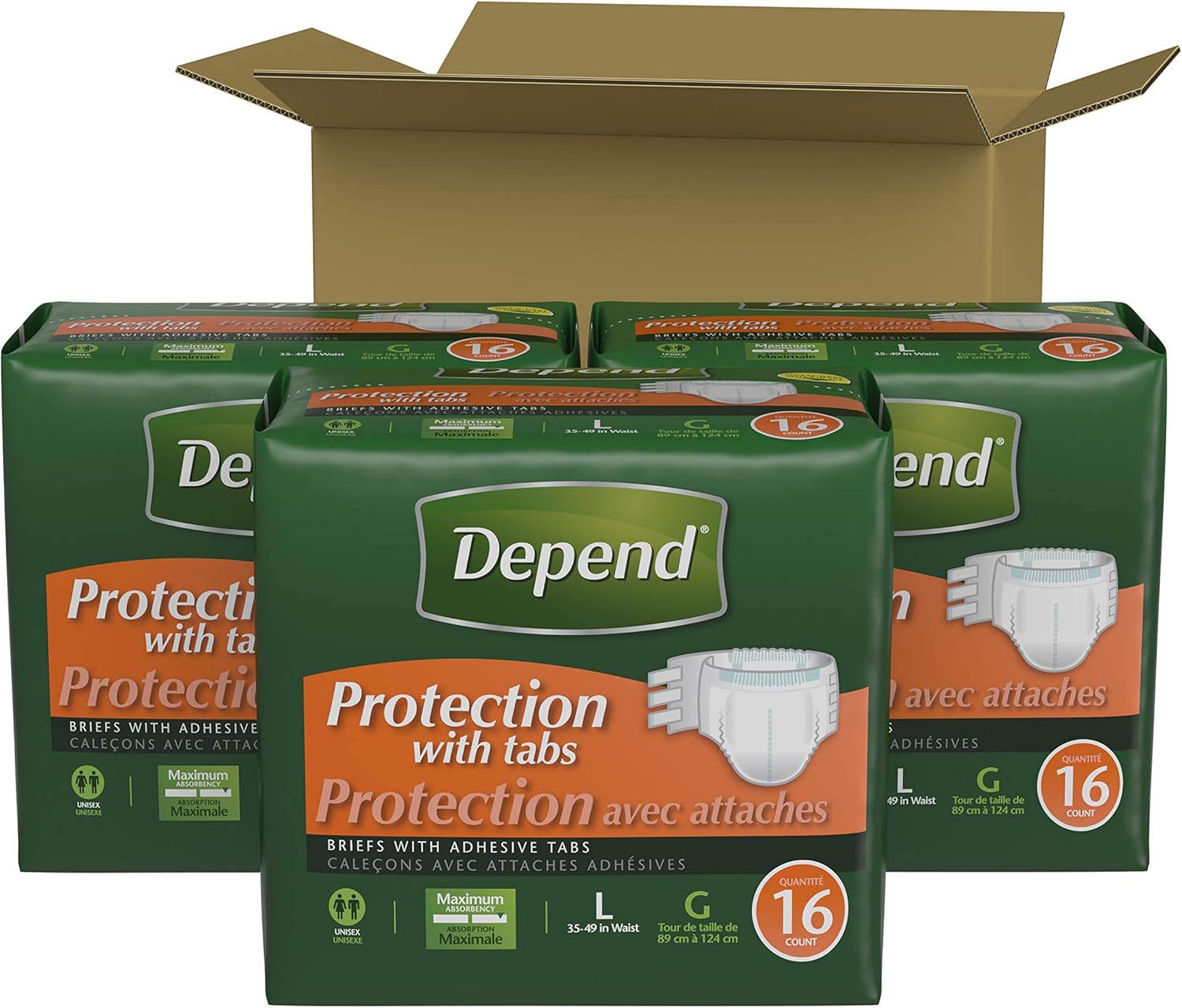 Depend Incontinence Protection with Tabs, Maximum Absorbency, L, 48 Count (3 Packs of 16 Count) (Packaging May Vary) Pack of 2