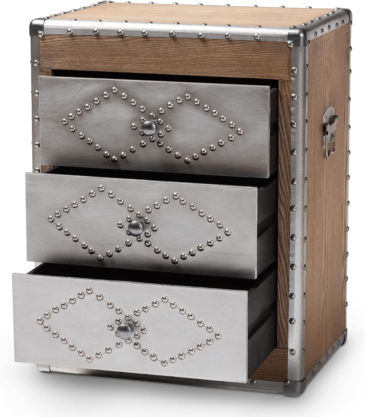 Baxton Studio Audric French Industrial Brown Wood and Silver Metal 3-Drawer Accent Chest