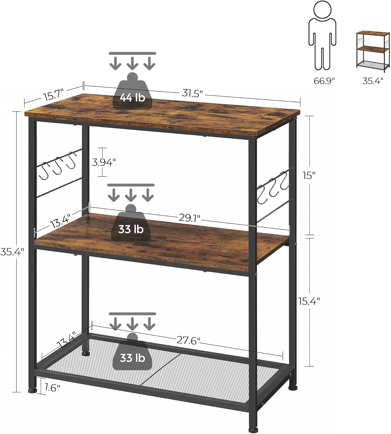 VASAGLE Baker&rsquo;s Rack, Kitchen Shelf, Kitchen Island, Microwave Oven Stand with 3 Open Shelves, 6 Hooks, Metal Frame, 31.5 x 15.7 x 35.4 Inches, Industrial, Rustic Brown and Black UKKI002B01