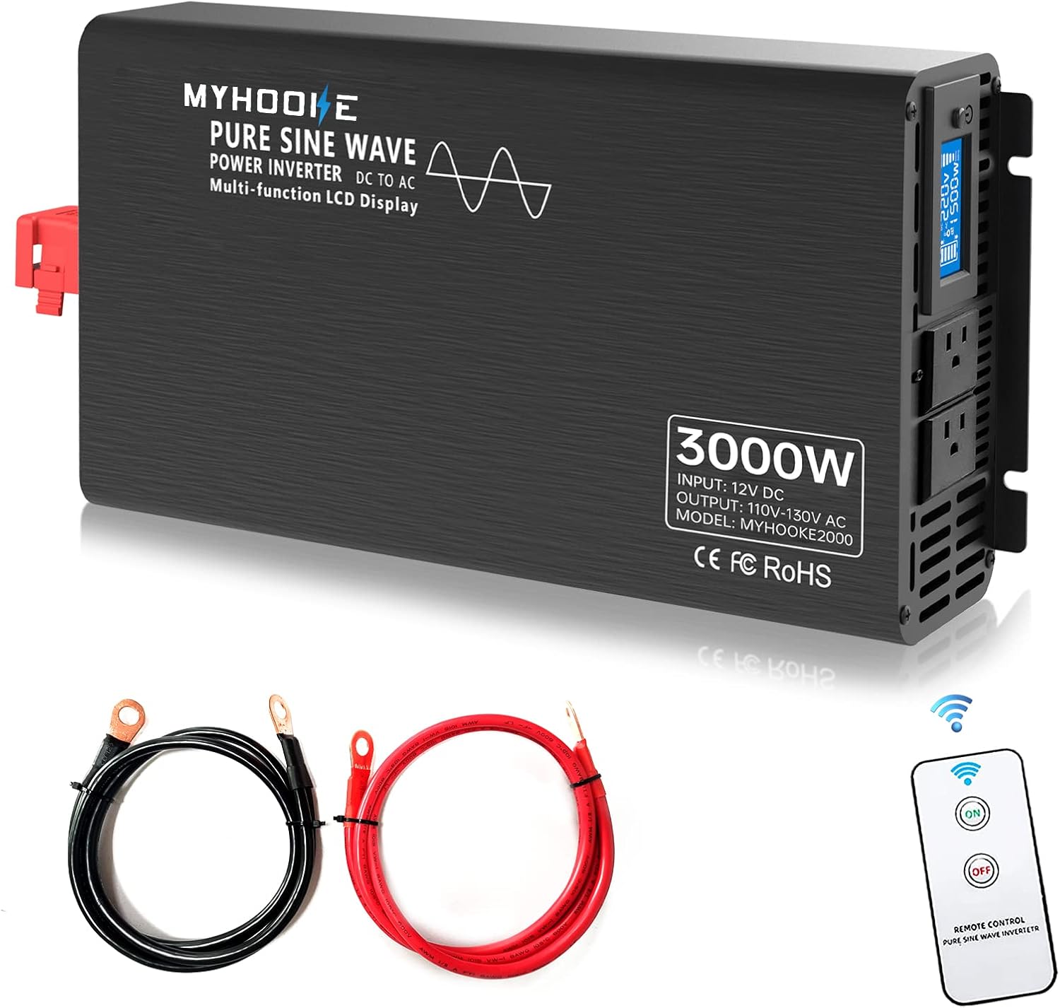 Pure Sine Wave Power Inverter 2000W Power Inverter DC 12V to AC 110V-130V Converter with LCD Display and Wireless Remote Control Car Inverter for RV Truck Home Solar System